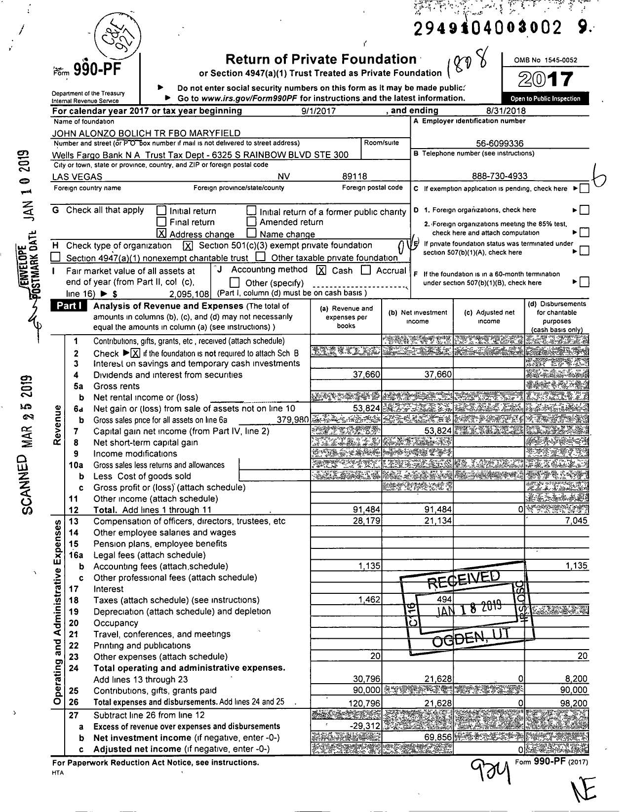 Image of first page of 2017 Form 990PF for John Alonzo Bolich Fbo Maryfield