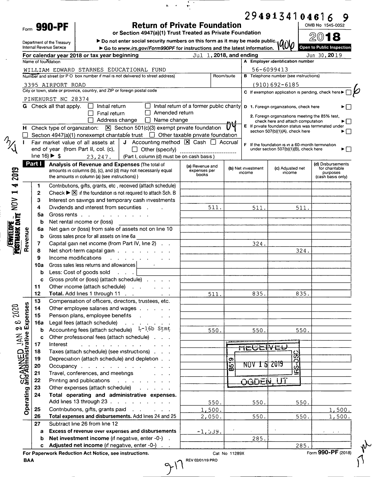 Image of first page of 2018 Form 990PF for William Edward Starnes Educational Fund