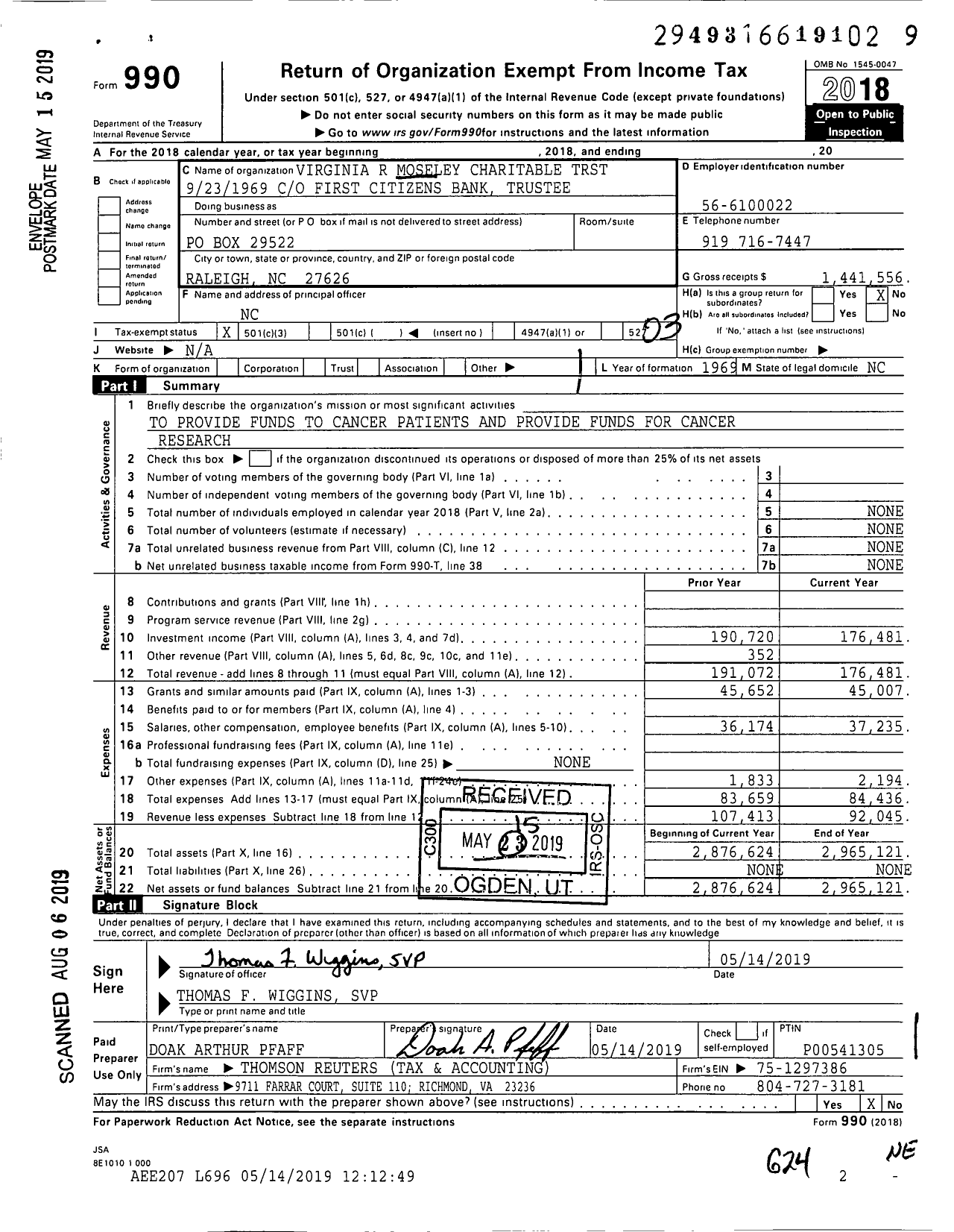 Image of first page of 2018 Form 990 for Virginia R Moseley Charitable Trust