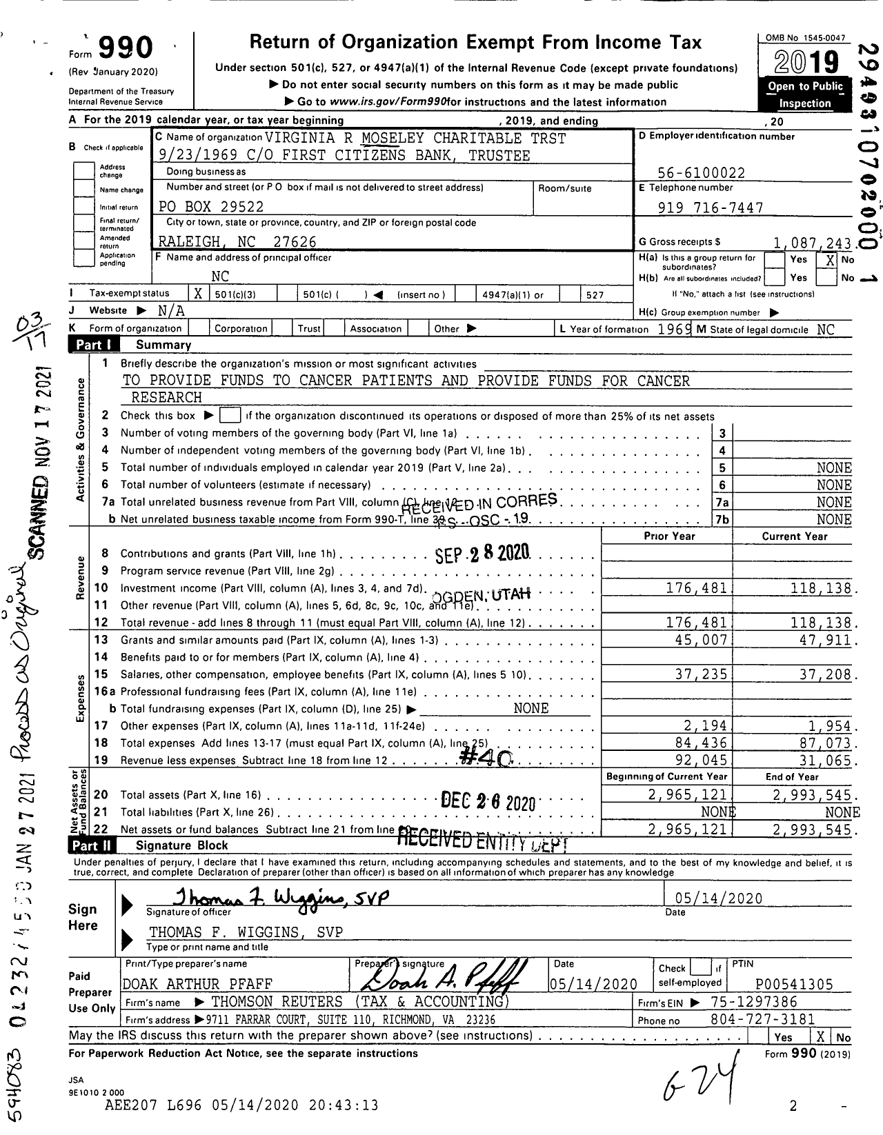 Image of first page of 2019 Form 990 for Virginia R Moseley Charitable TRST