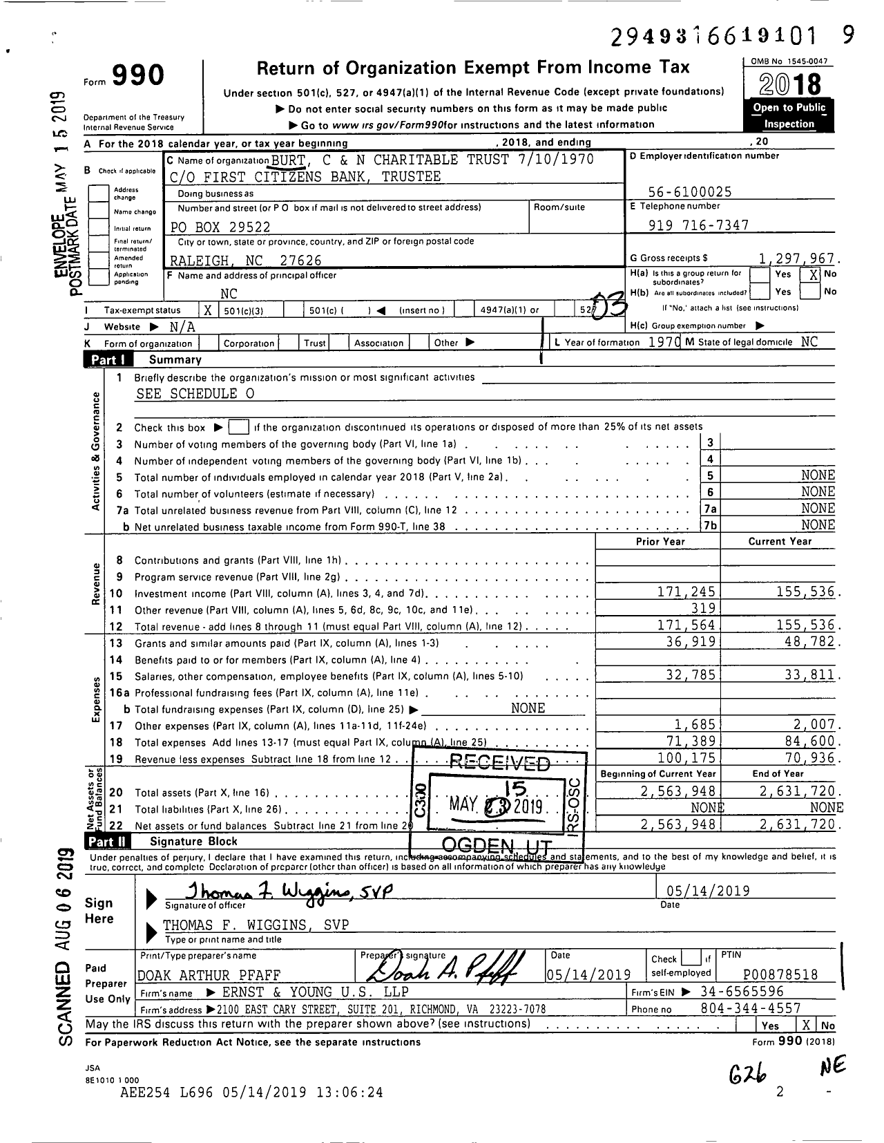 Image of first page of 2018 Form 990 for Burt C and N Charitable Trust 7101970