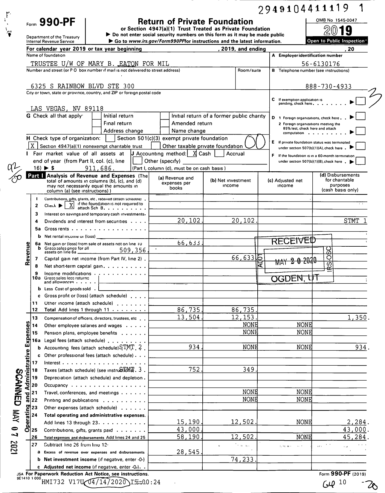 Image of first page of 2019 Form 990PF for Trustee Uw of Mary B Eaton for Mil