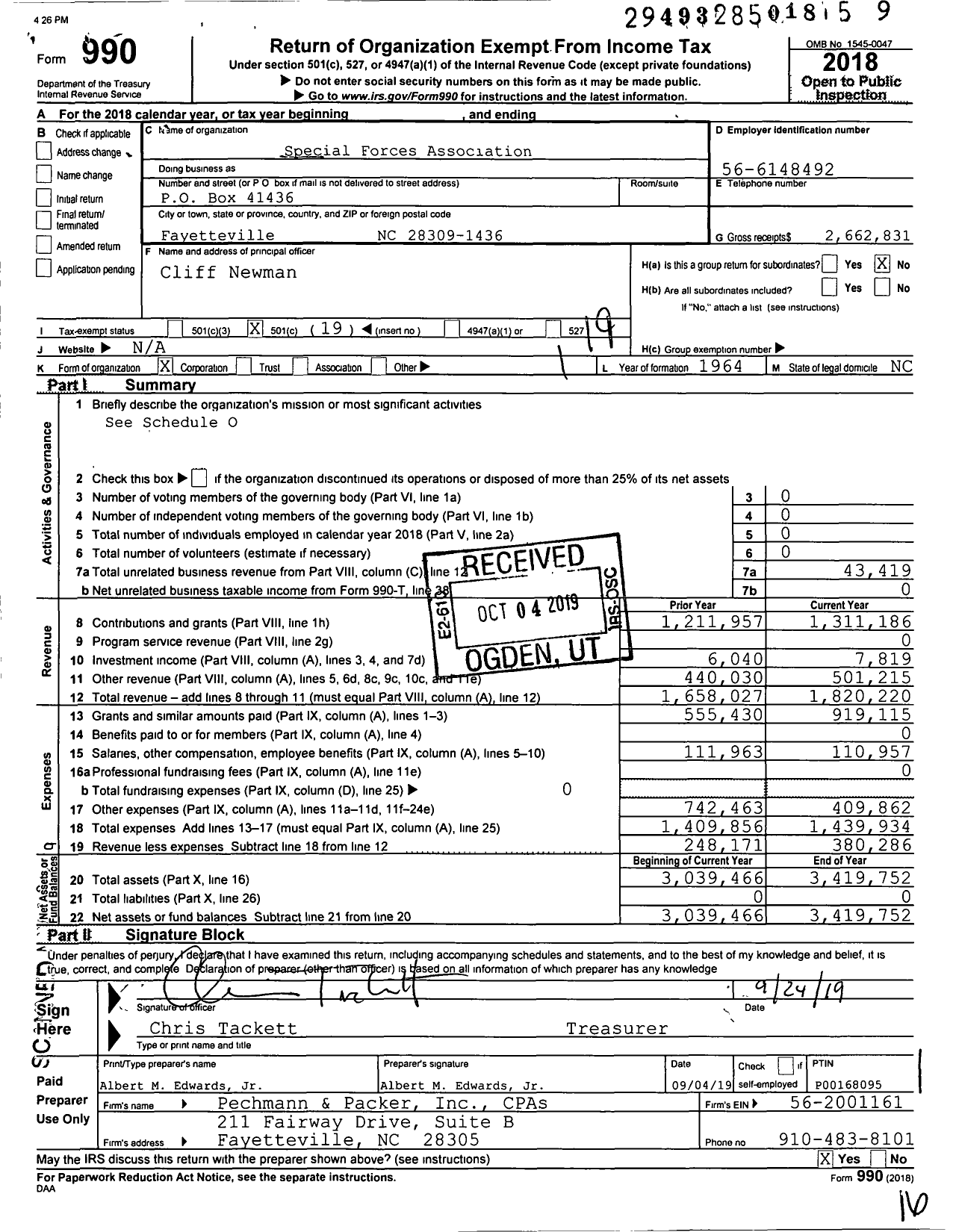 Image of first page of 2018 Form 990O for Special Forces Association