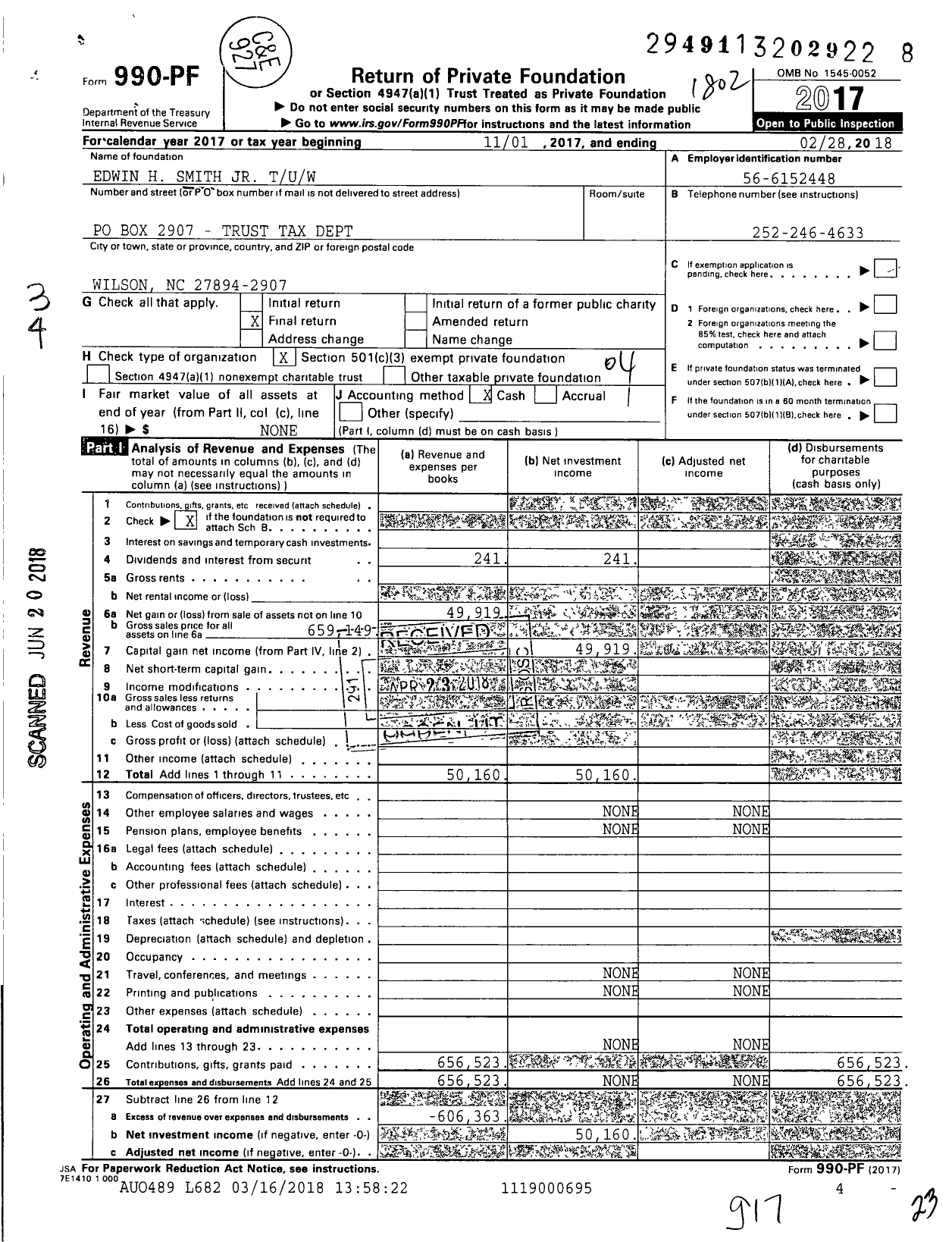 Image of first page of 2017 Form 990PF for Edwin H Smith JR Tuw