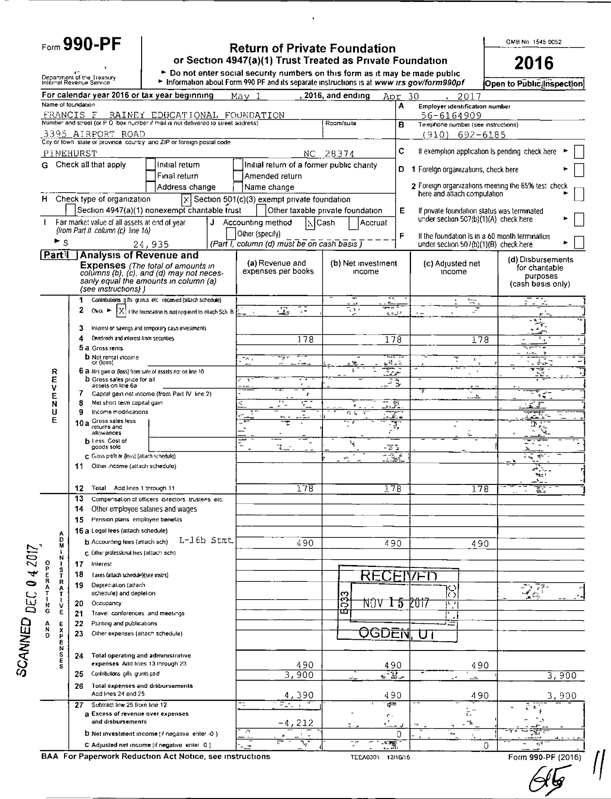 Image of first page of 2016 Form 990PF for Francis F Rainey Educational Foundation