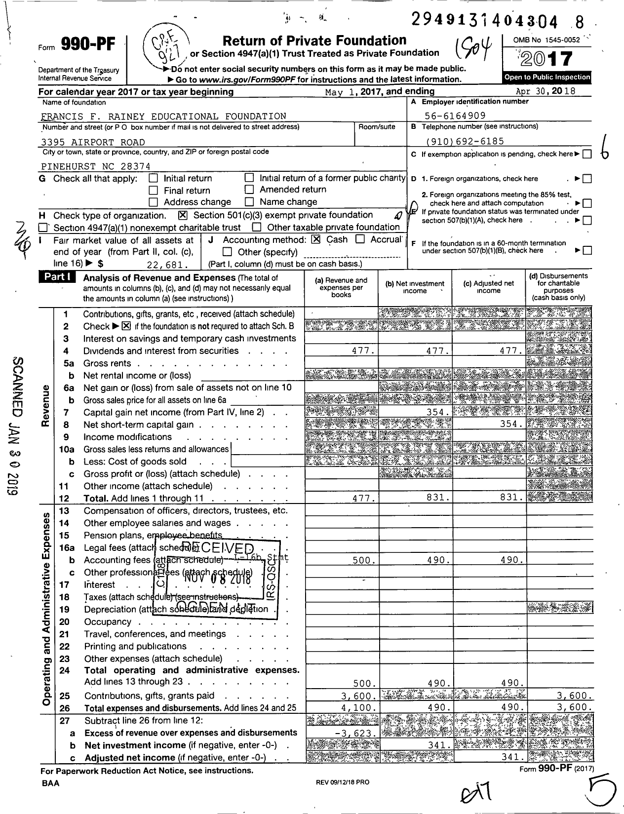 Image of first page of 2017 Form 990PF for Francis F Rainey Educational Foundation