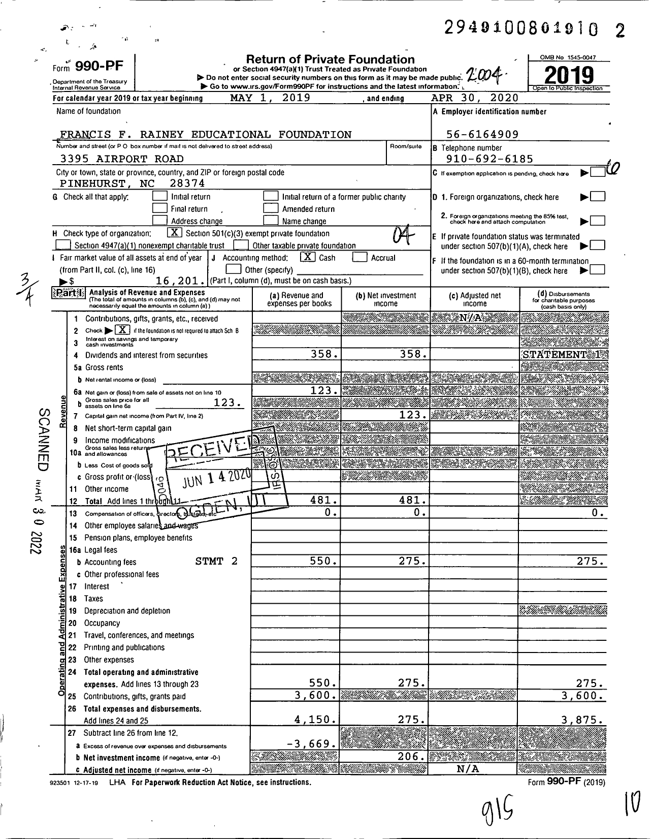 Image of first page of 2019 Form 990PF for Francis F Rainey Educational Foundation