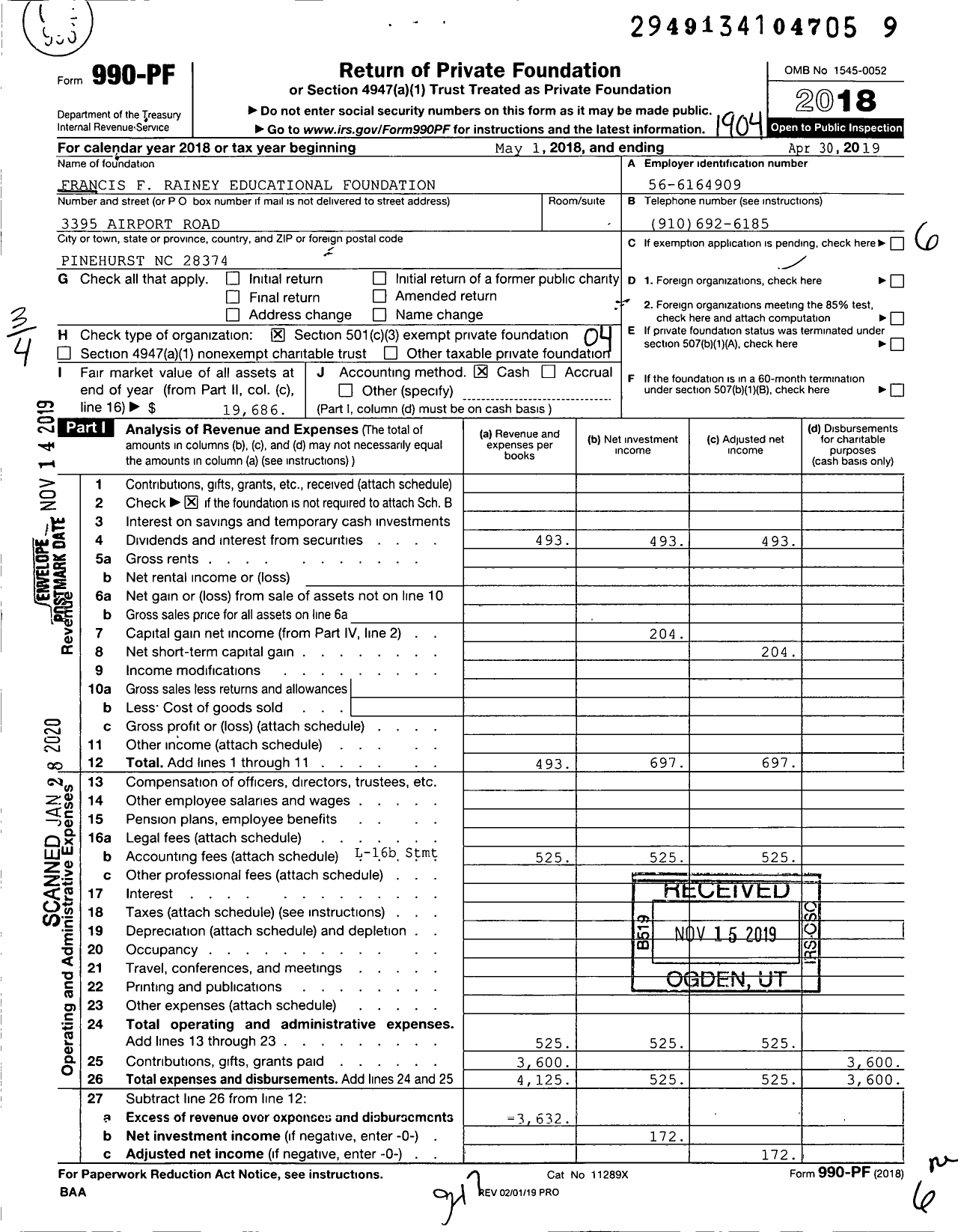 Image of first page of 2018 Form 990PF for Francis F Rainey Educational Foundation