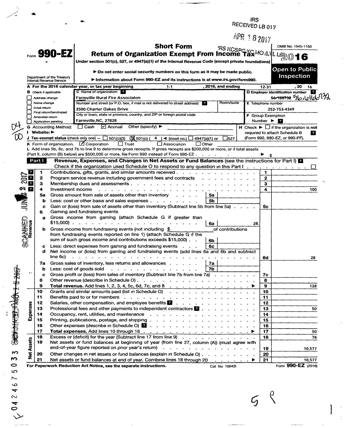 Image of first page of 2016 Form 990EO for Farmville Rural Fire Association in