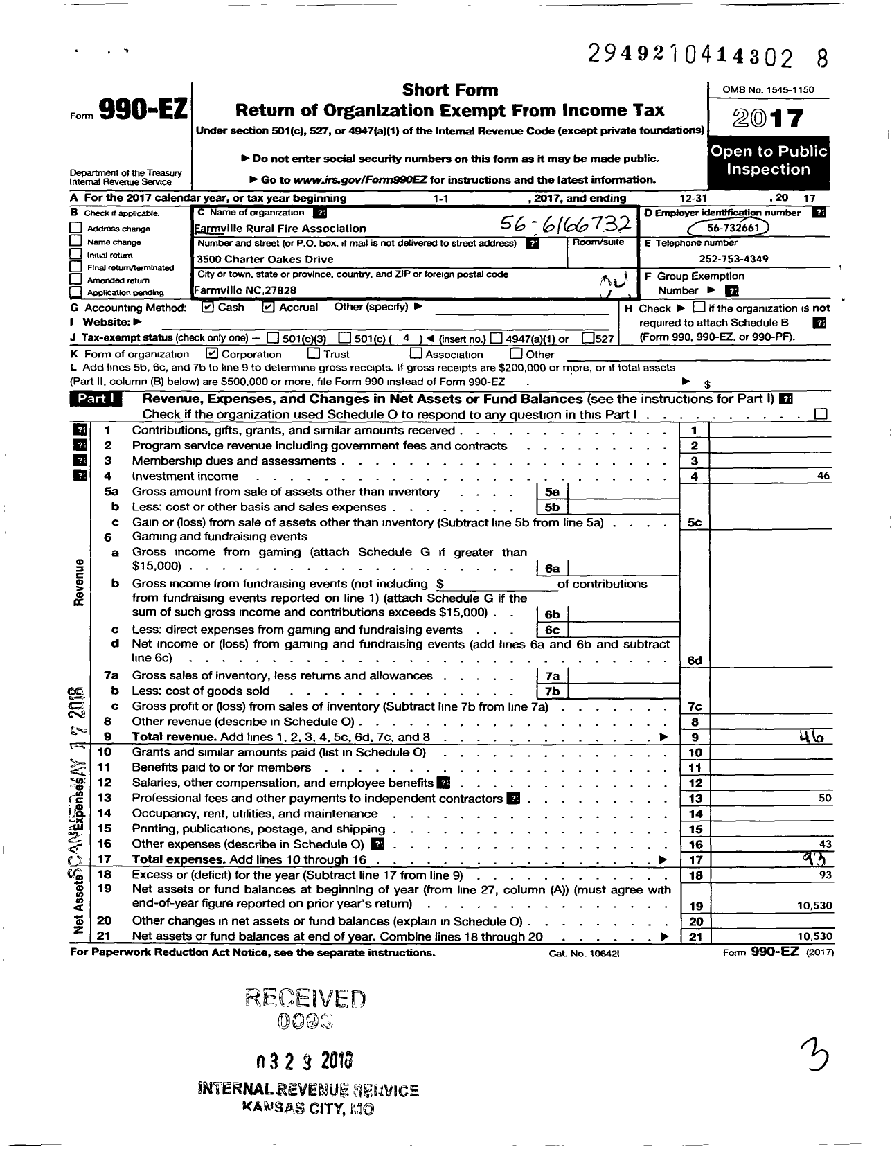 Image of first page of 2017 Form 990EO for Farmville Rural Fire Association in