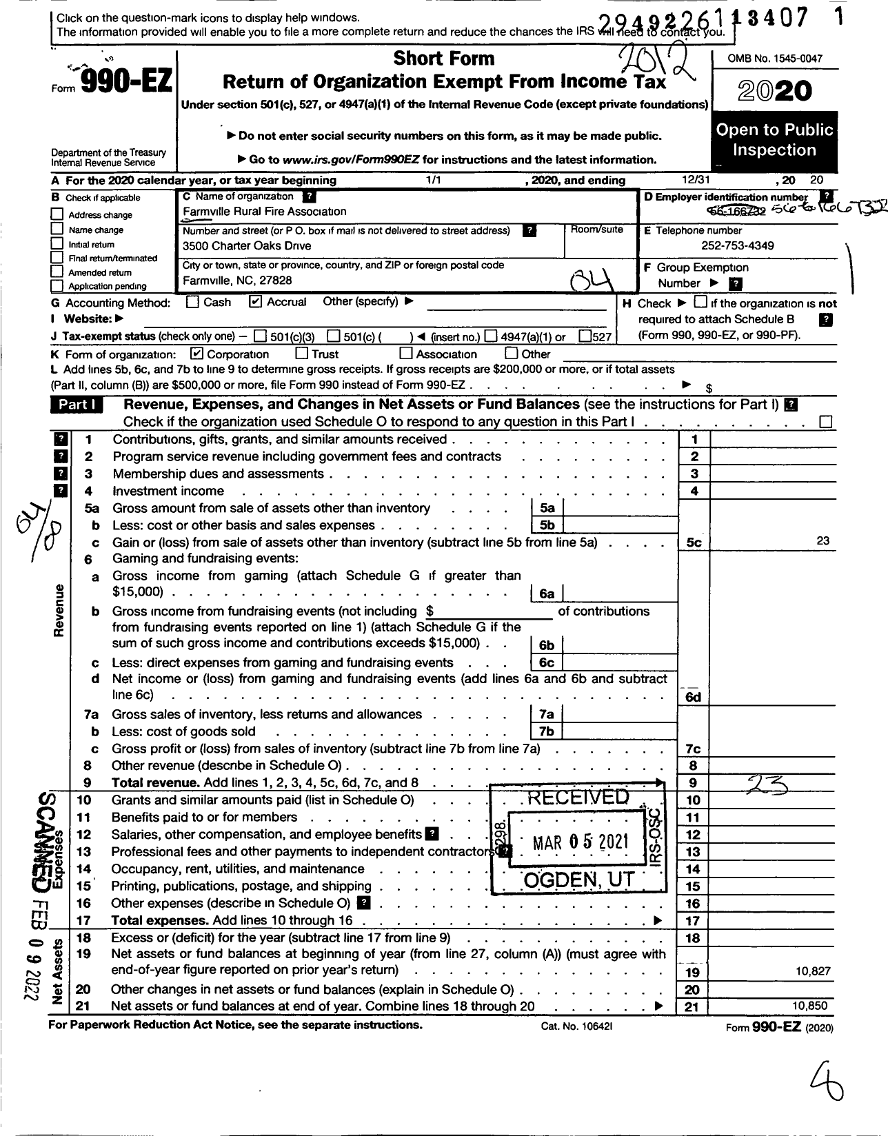 Image of first page of 2020 Form 990EO for Farmville Rural Fire Association in