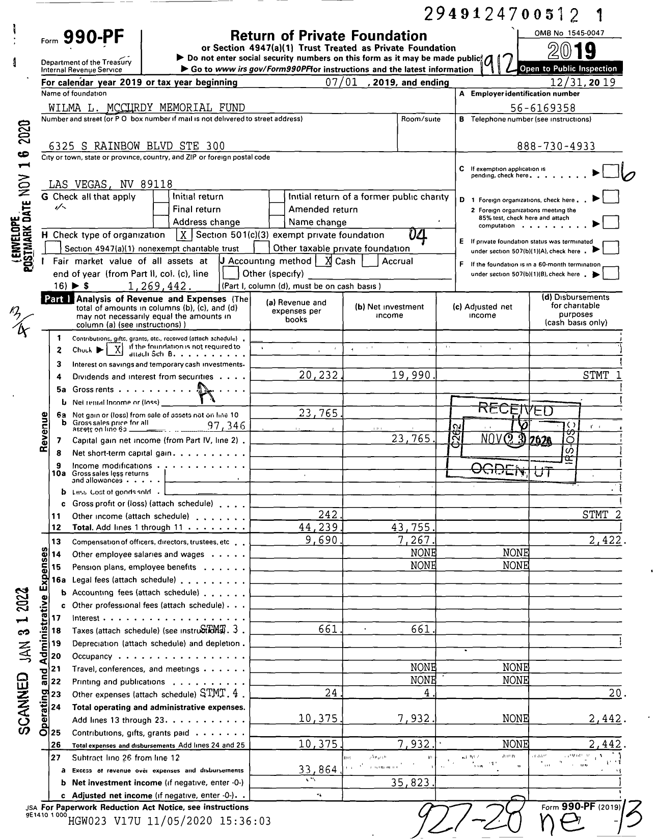 Image of first page of 2019 Form 990PF for Wilma L Mccurdy Memorial Fund