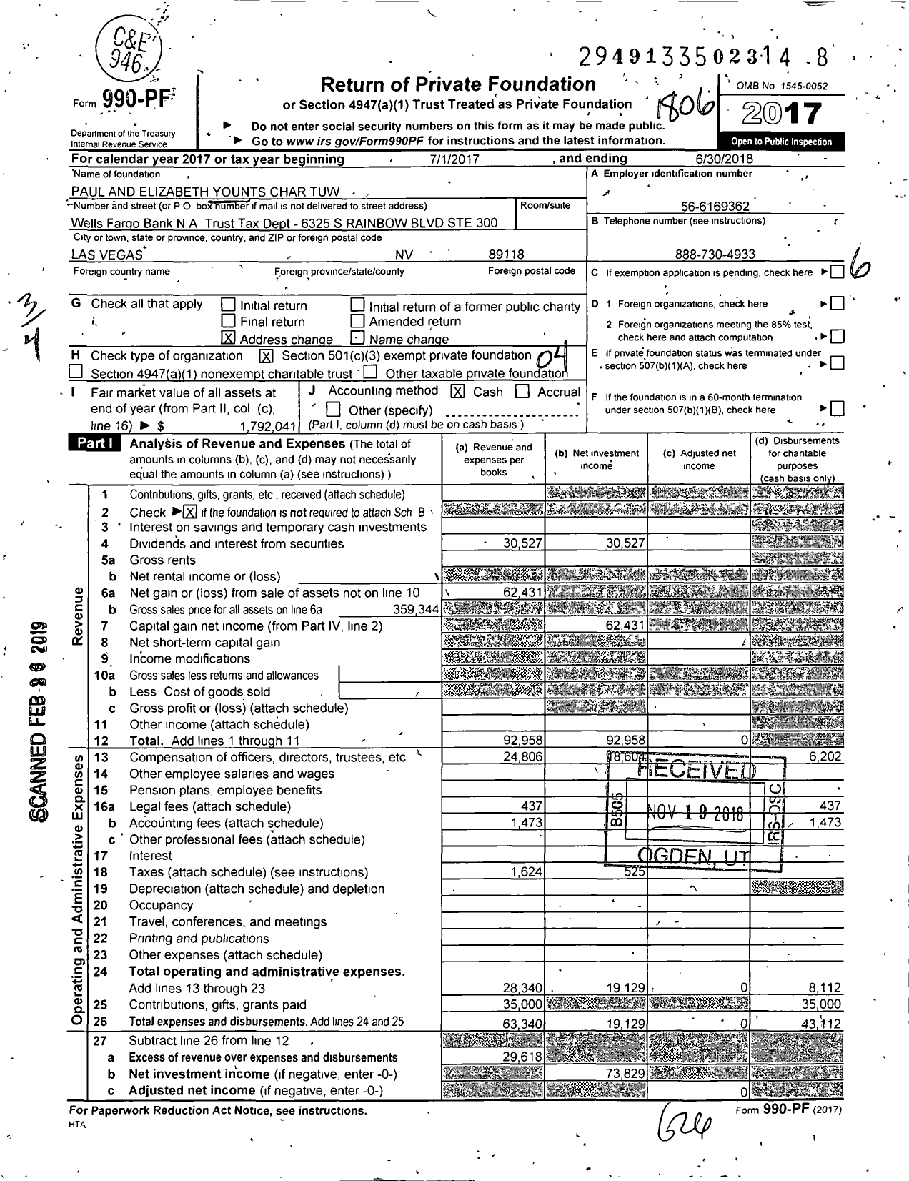 Image of first page of 2017 Form 990PF for Paul and Elizabeth Younts Char Tuw