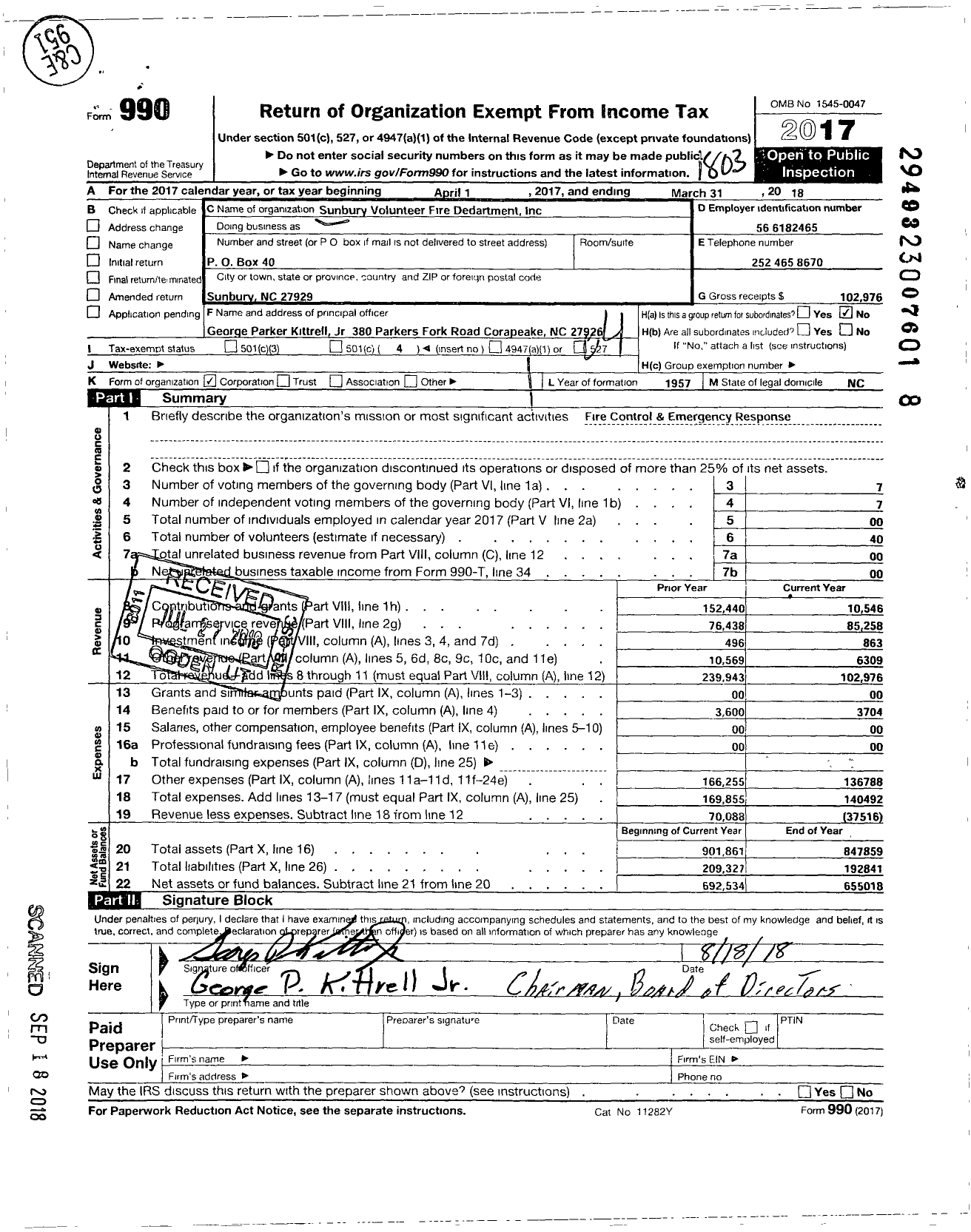 Image of first page of 2017 Form 990O for Sunbury Volunteer Fire Department