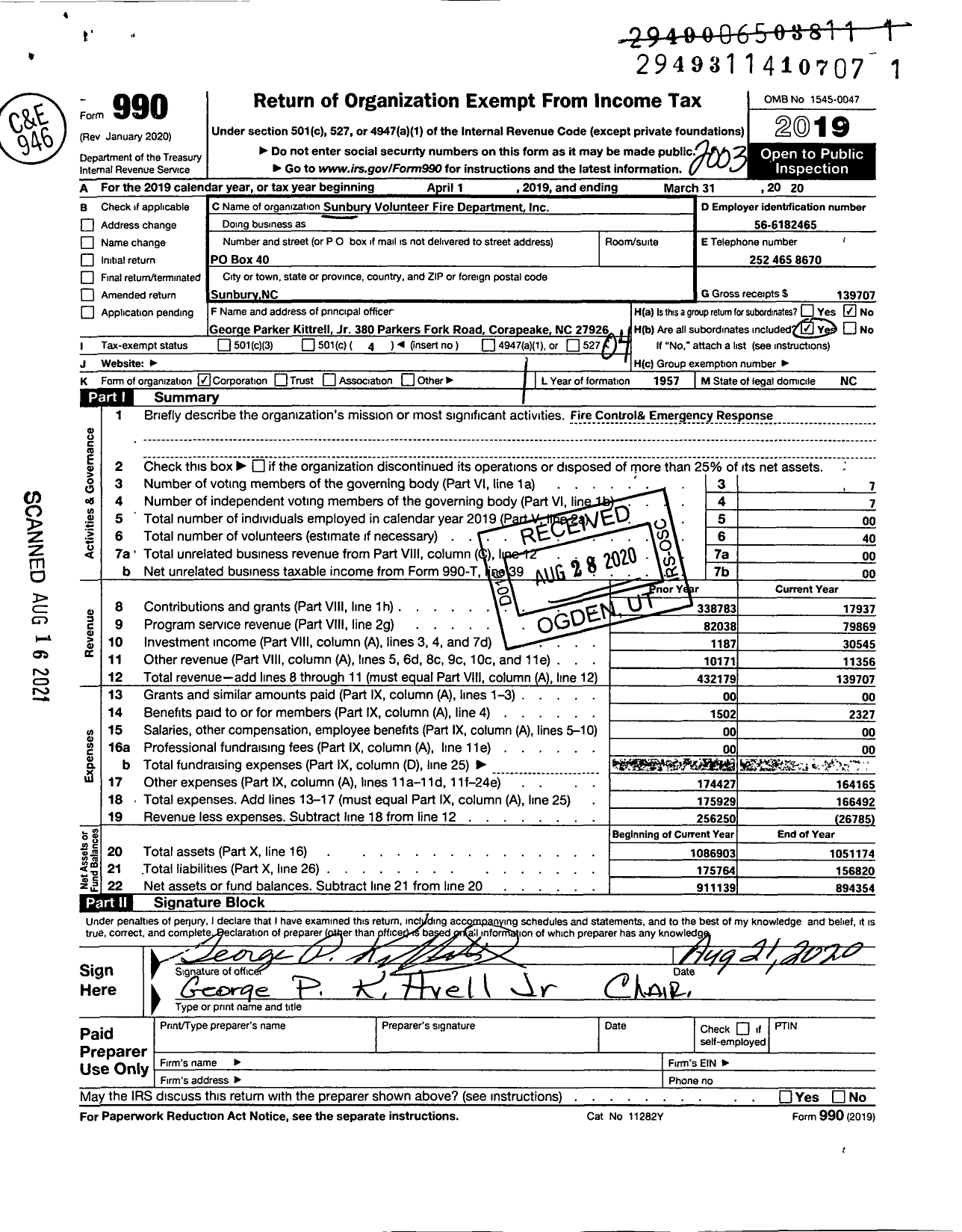 Image of first page of 2019 Form 990O for Sunbury Volunteer Fire Department