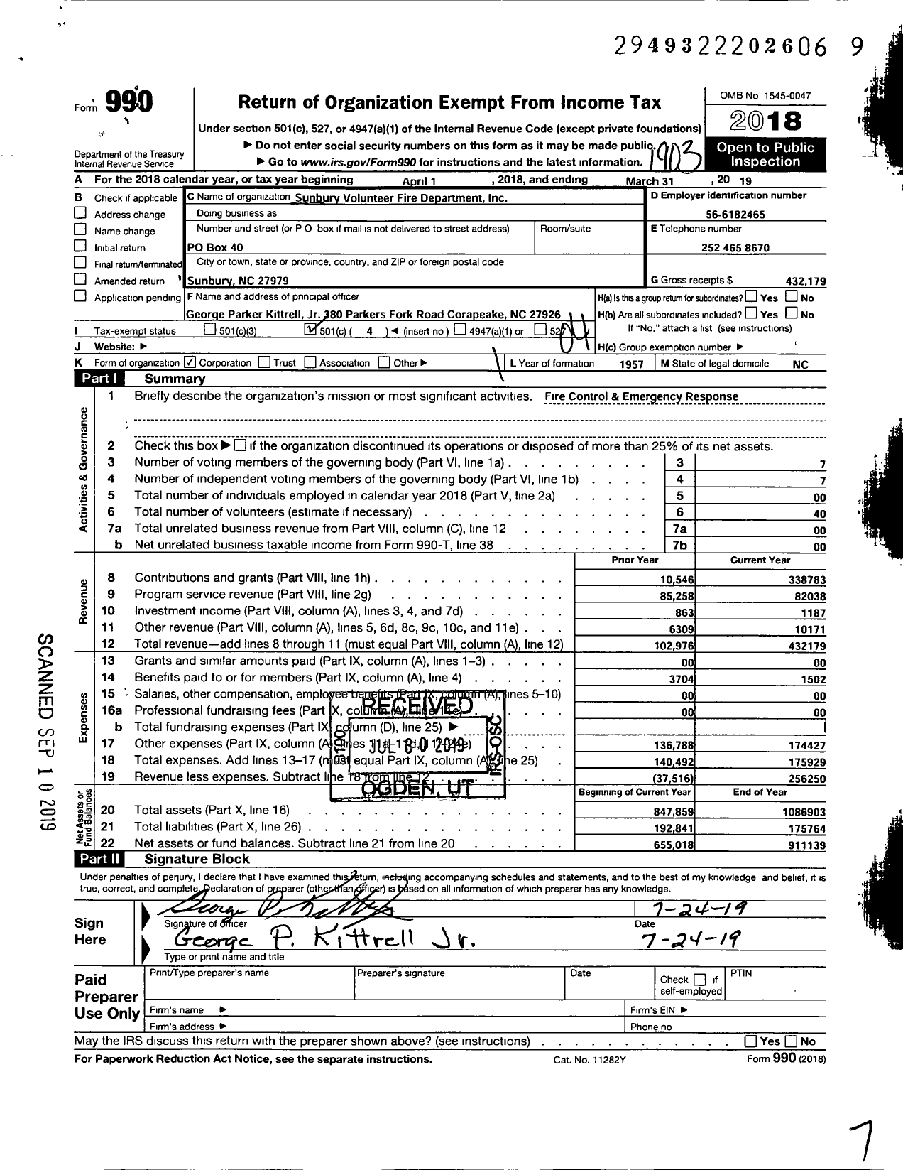 Image of first page of 2018 Form 990O for Sunbury Volunteer Fire Department