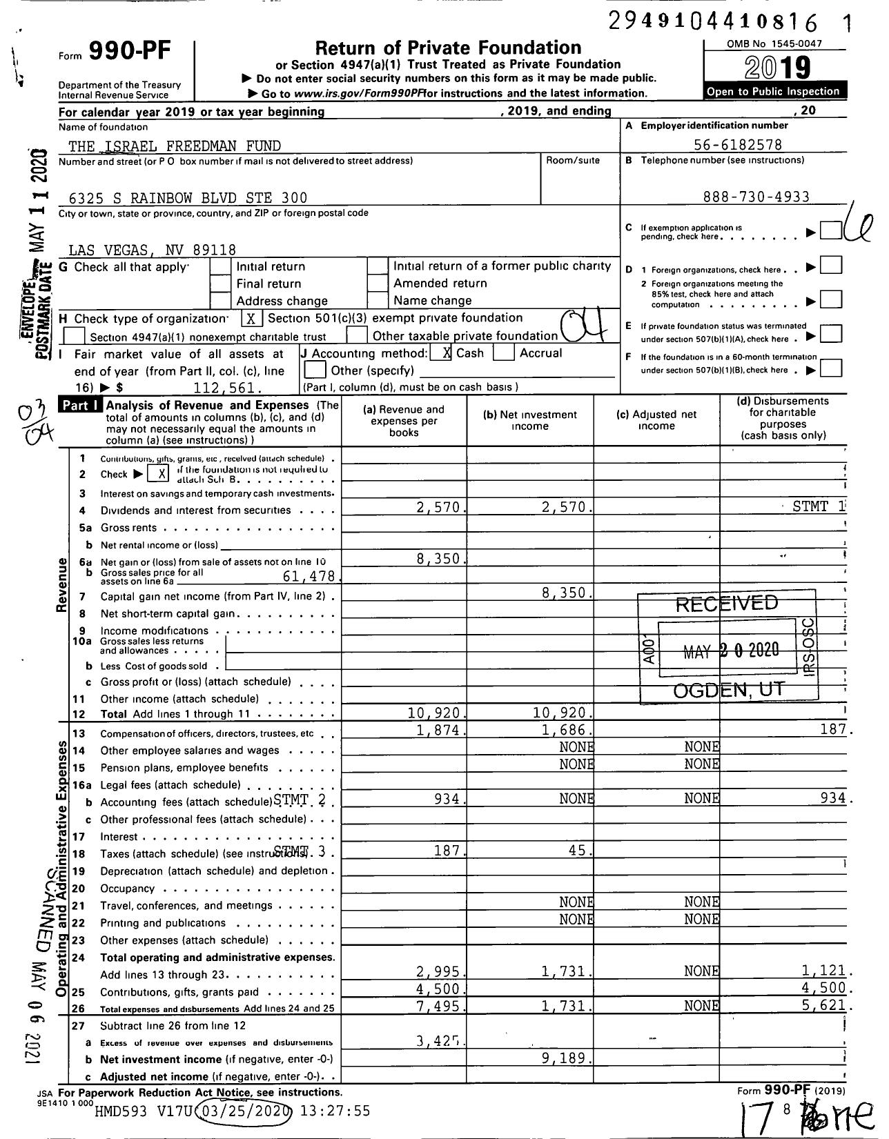 Image of first page of 2019 Form 990PF for The Israel Freedman Fund