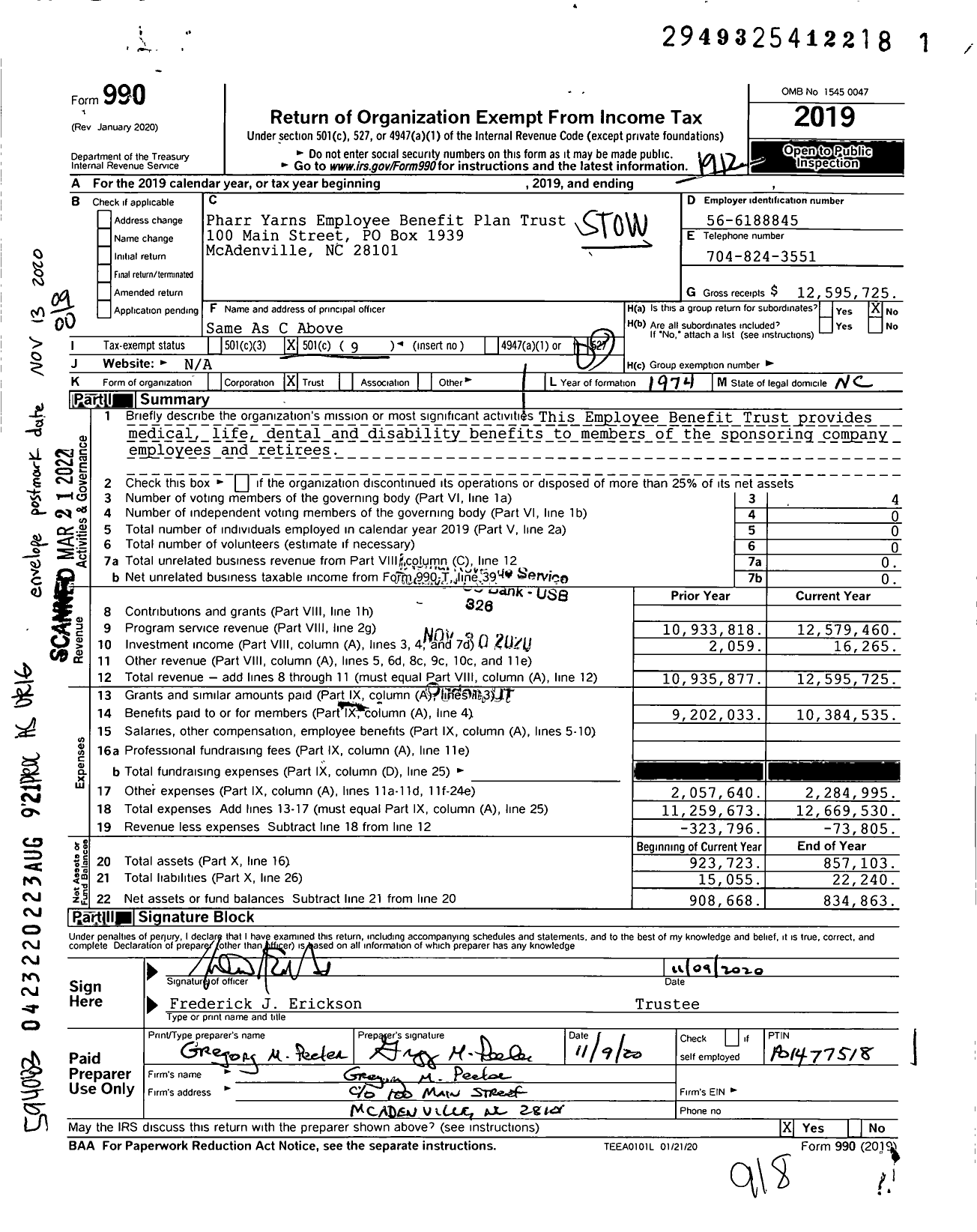 Image of first page of 2019 Form 990O for Pharr Yarns Employee Benefit Plan Trust