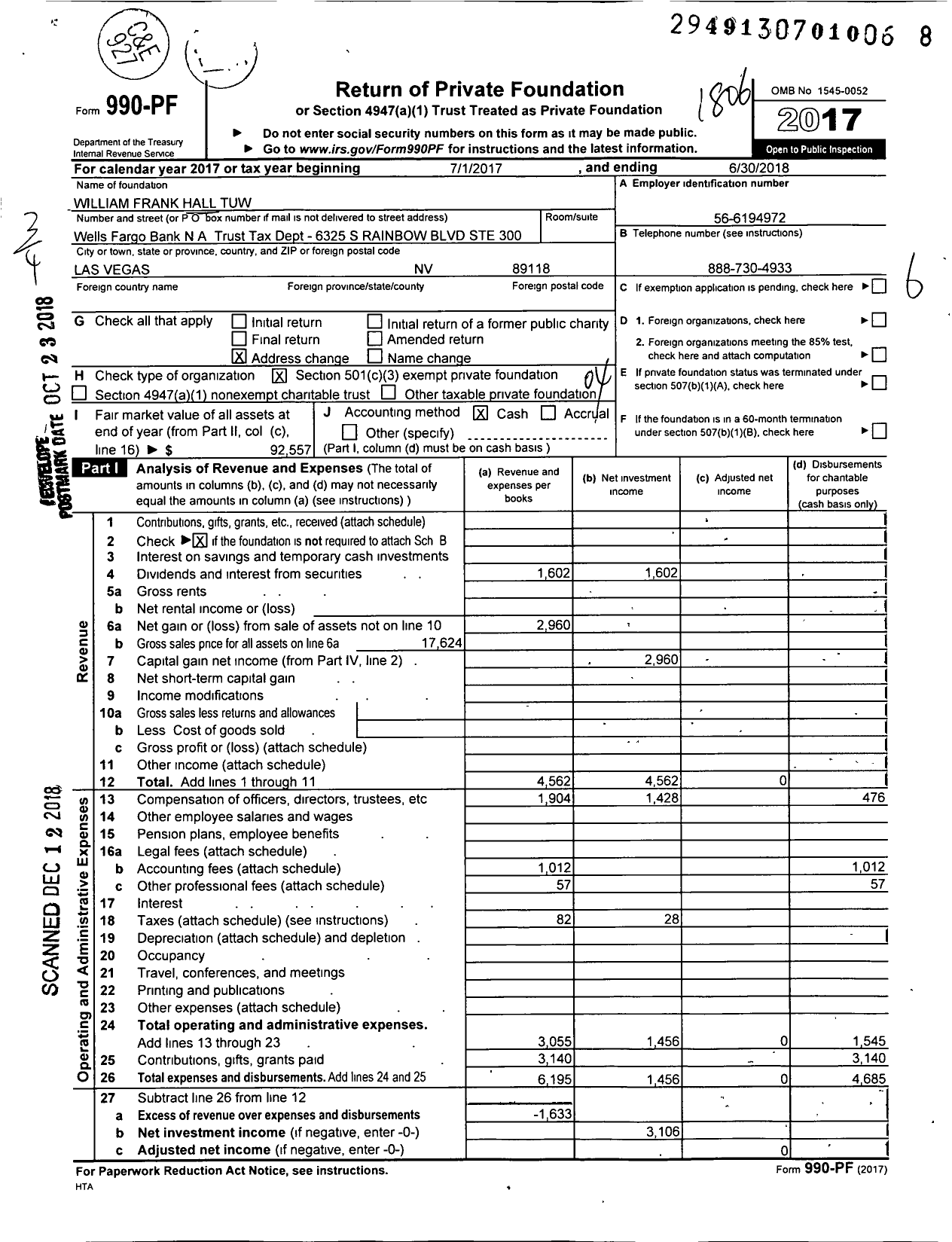 Image of first page of 2017 Form 990PF for William Frank Hall Tuw