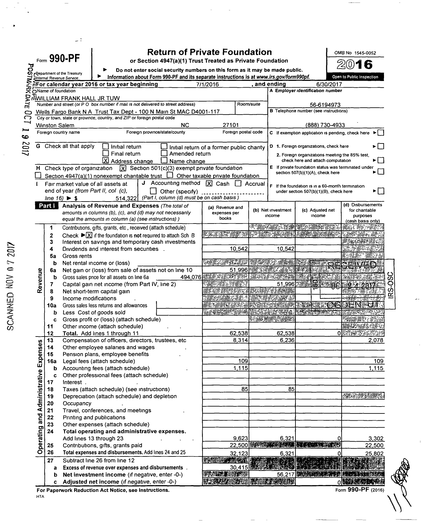 Image of first page of 2016 Form 990PF for William Frank Hall JR Tuw