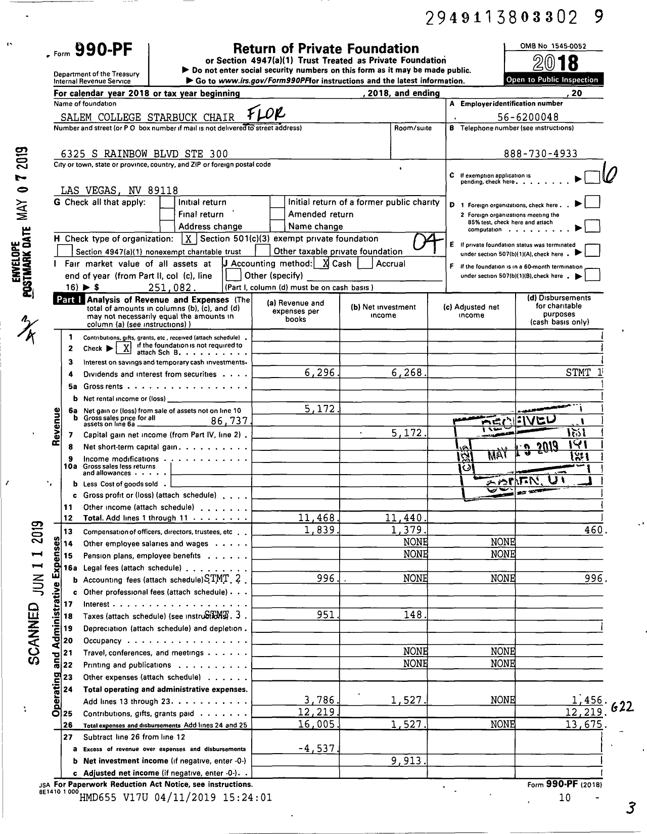 Image of first page of 2018 Form 990PF for Salem College Starbuck Chair