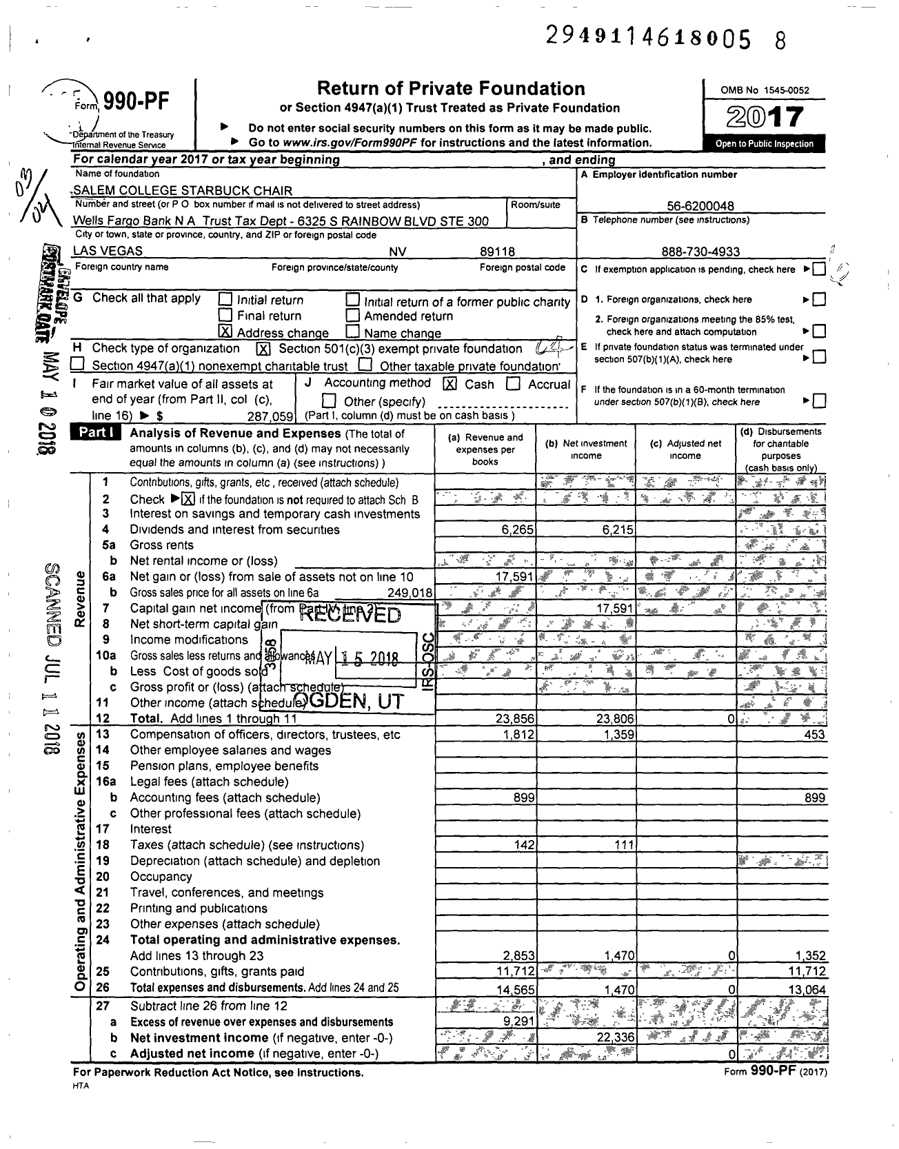 Image of first page of 2017 Form 990PF for Salem College Starbuck Chair
