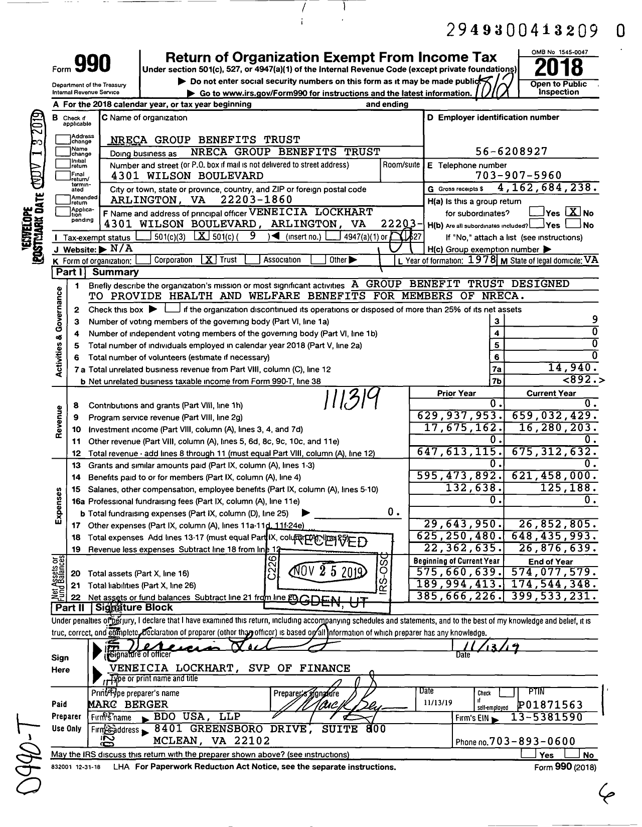 Image of first page of 2018 Form 990O for NRECA Group Benefits Trust