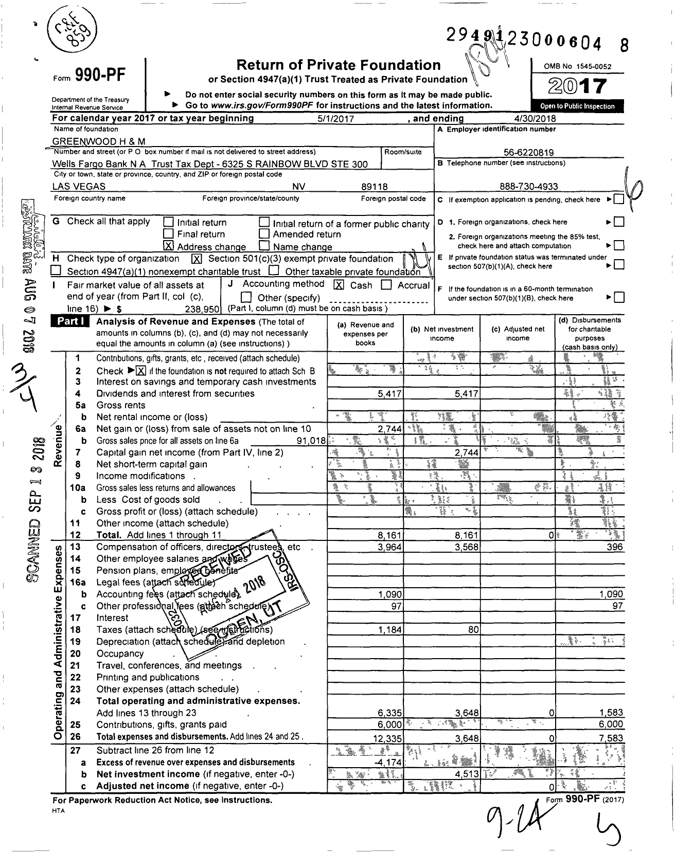 Image of first page of 2017 Form 990PF for Greenwood H and M