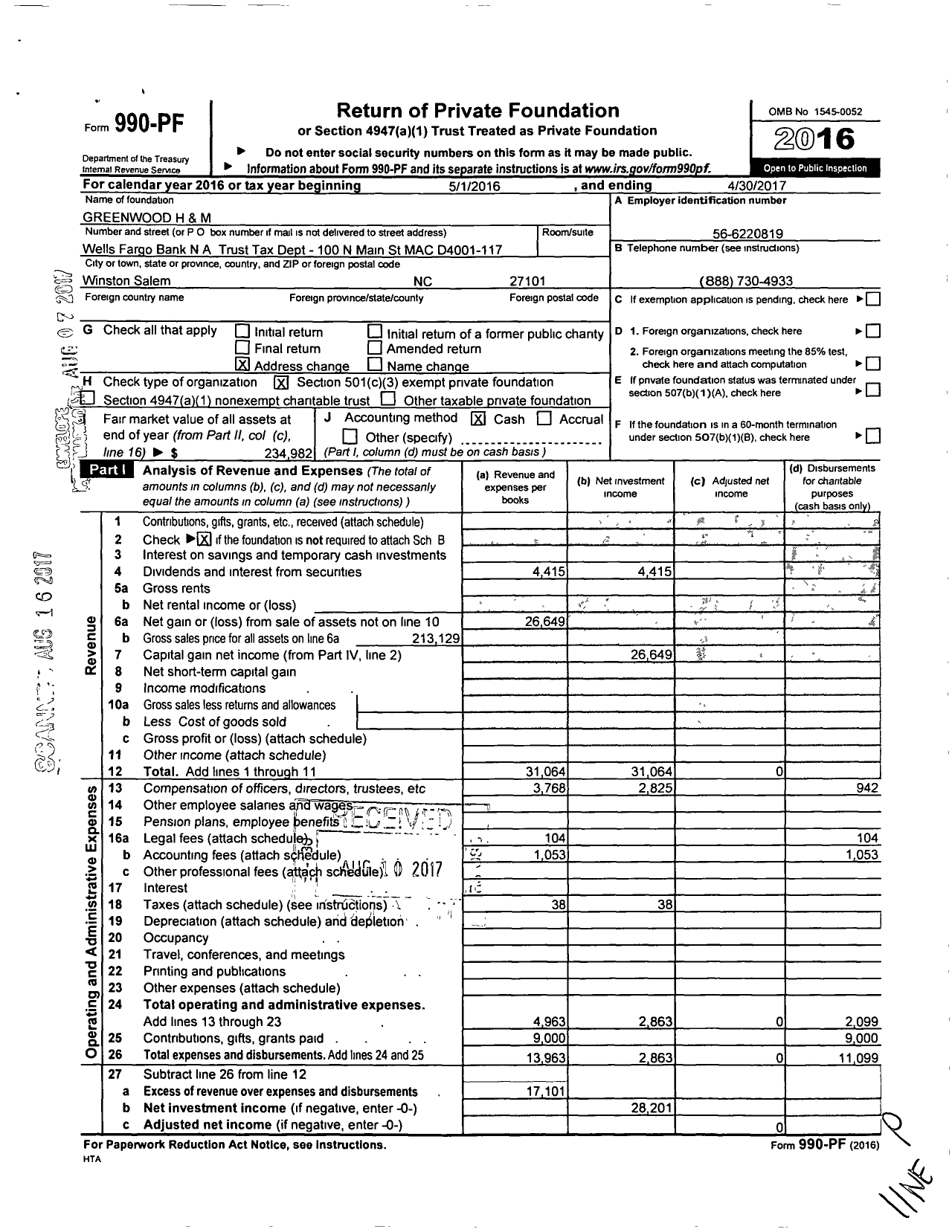 Image of first page of 2016 Form 990PF for Greenwood H and M