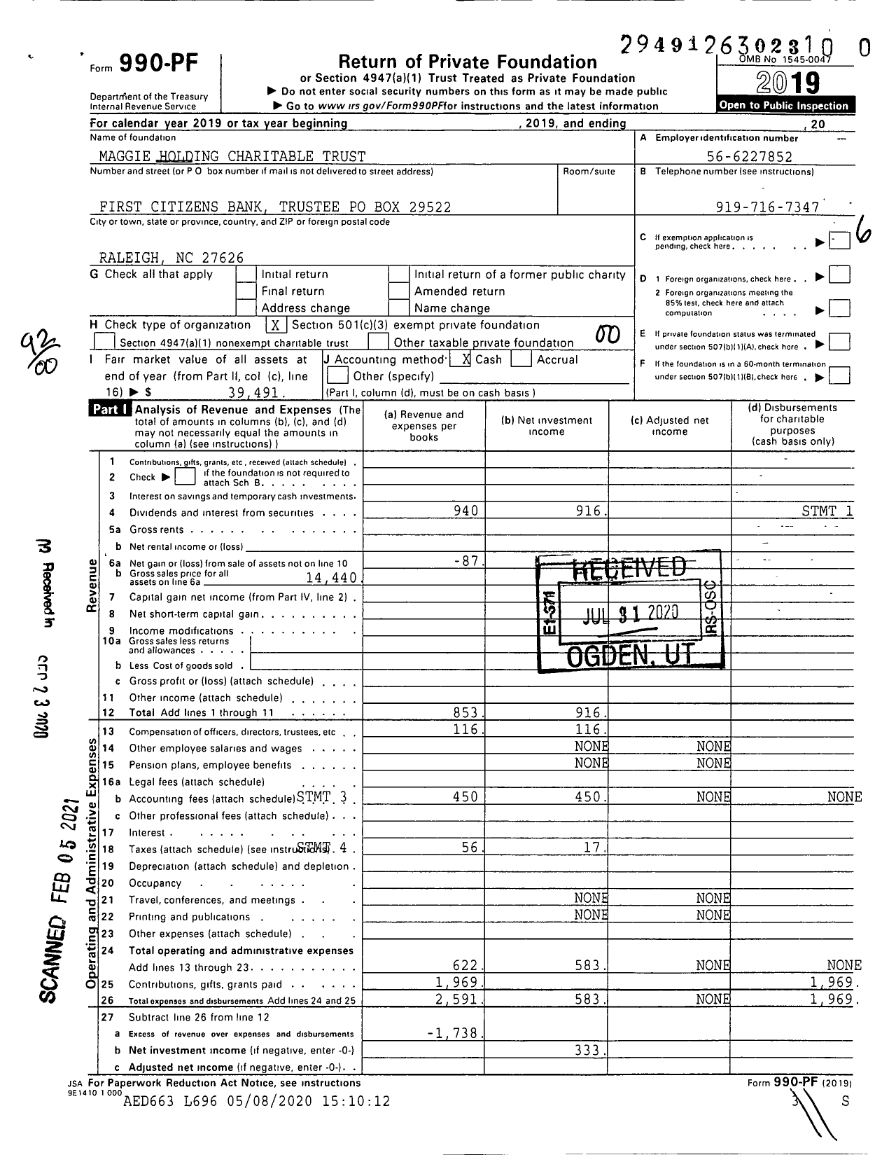 Image of first page of 2019 Form 990PF for Maggie Holding Charitable Trust