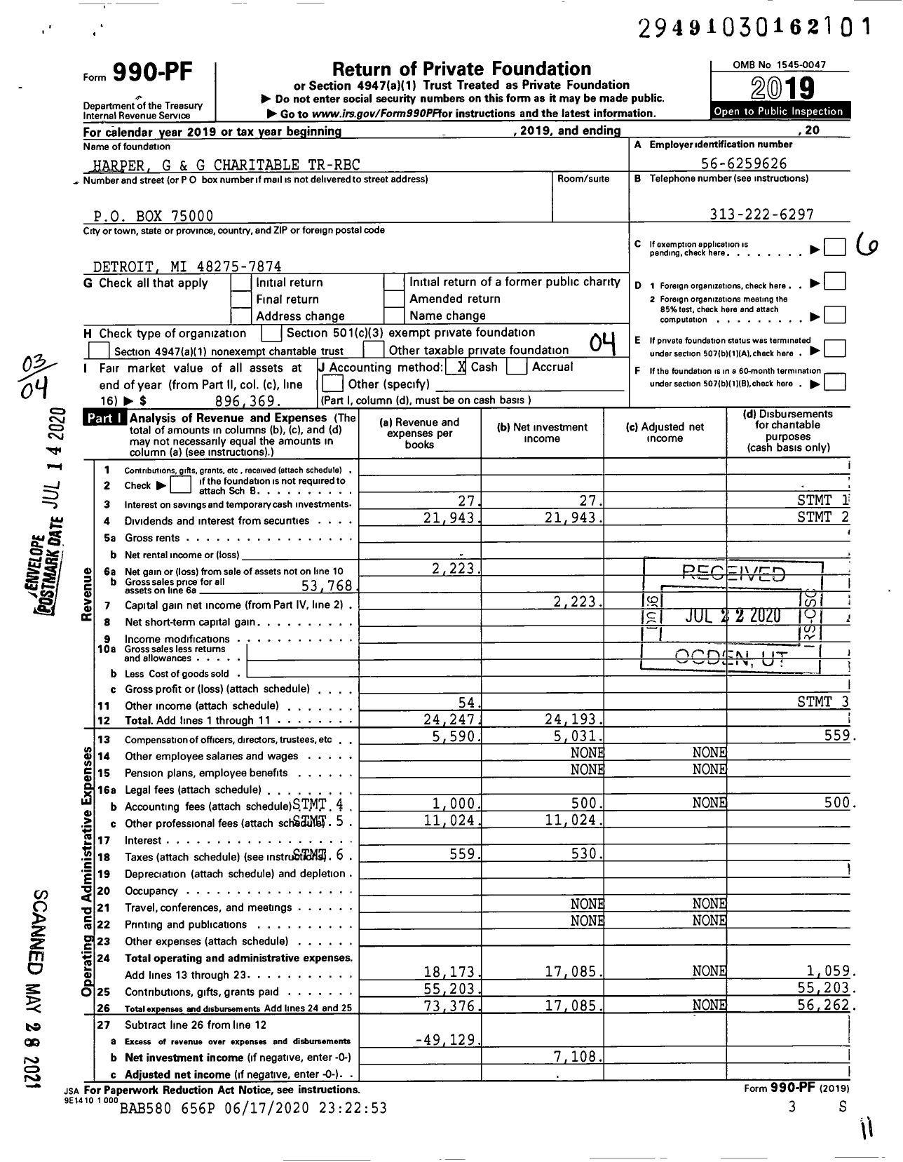 Image of first page of 2019 Form 990PF for Harper G and G Charitable TR-RBC