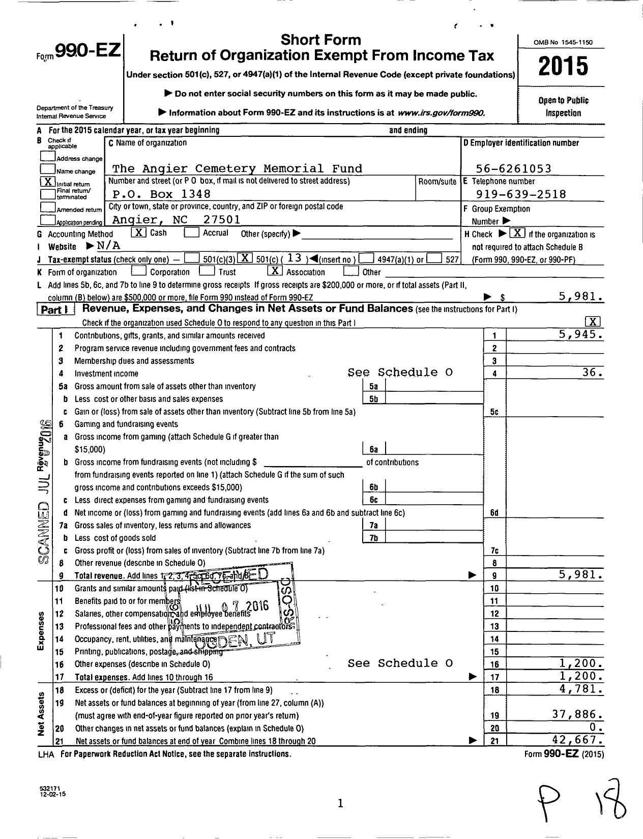 Image of first page of 2015 Form 990EO for The Angier Cemetery Memorial Fund