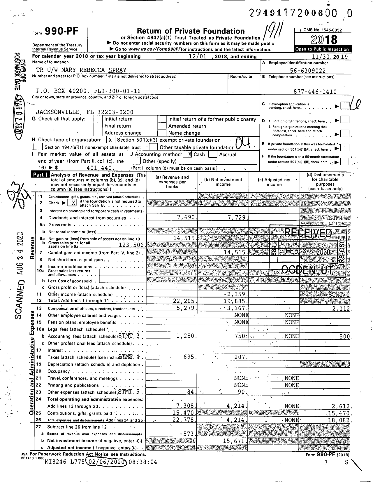 Image of first page of 2018 Form 990PR for TR Uw Mary Rebecca Spray