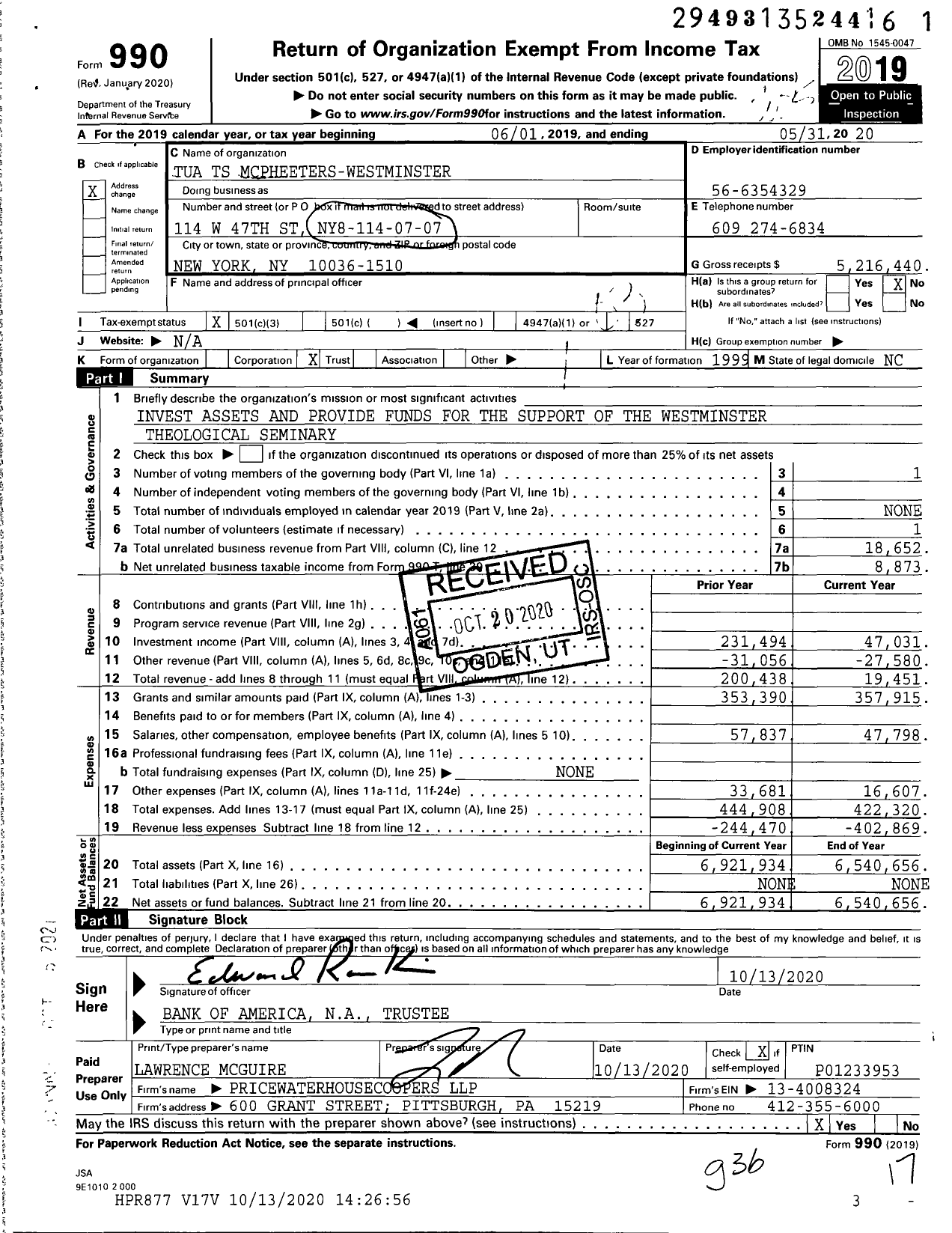 Image of first page of 2019 Form 990 for Tua TS Mcpheeters-Westminster