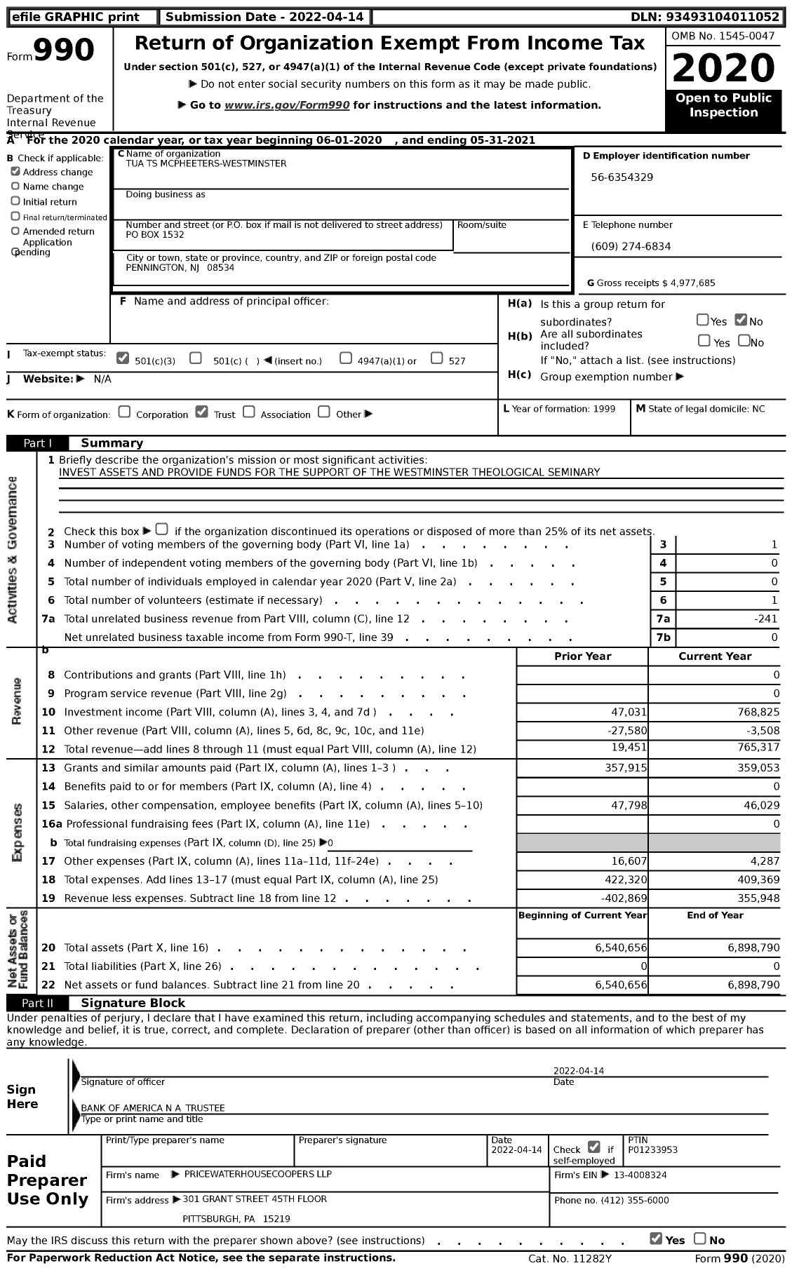 Image of first page of 2020 Form 990 for Tua TS Mcpheeters-Westminster