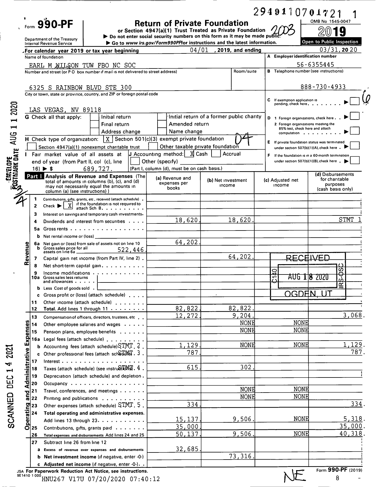 Image of first page of 2019 Form 990PF for Earl M Wilson Tuw Fbo NC Soc