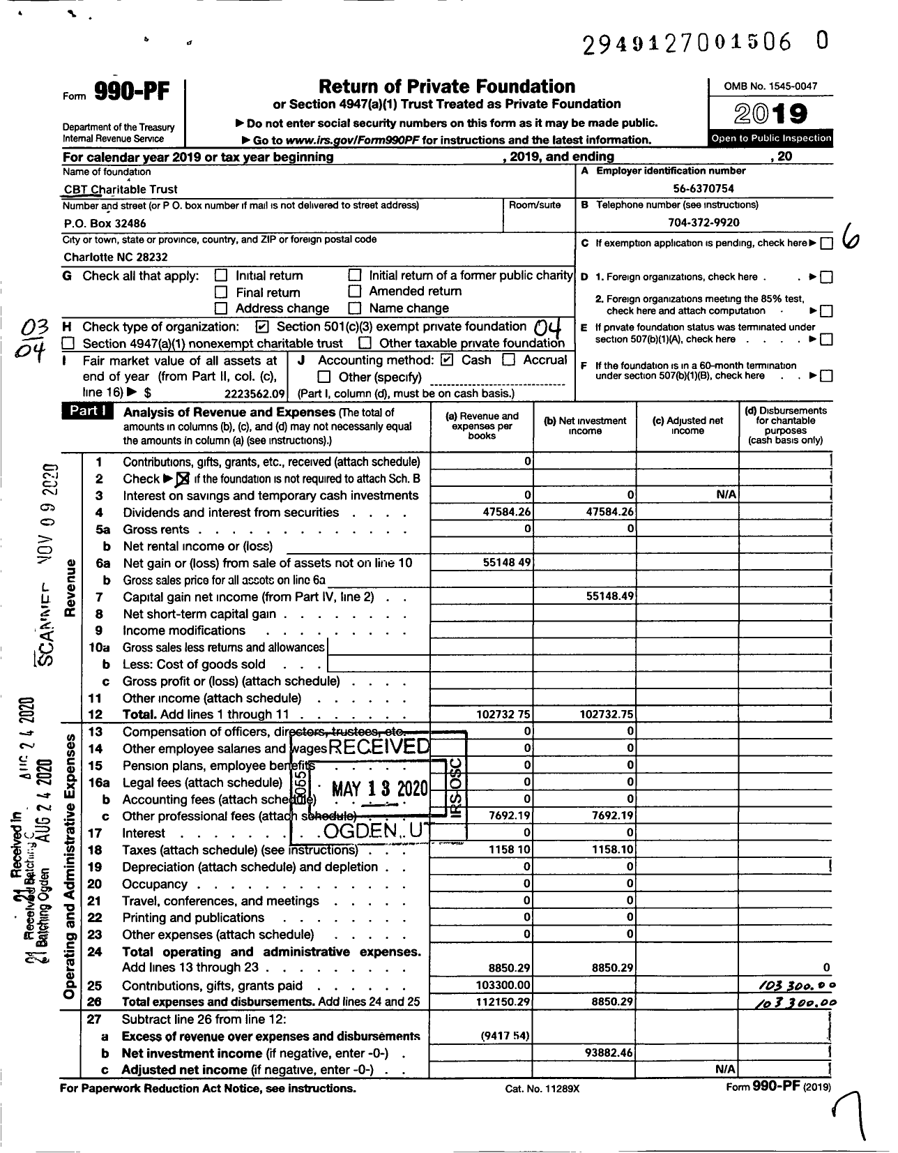 Image of first page of 2019 Form 990PF for CBT Charitable Trust