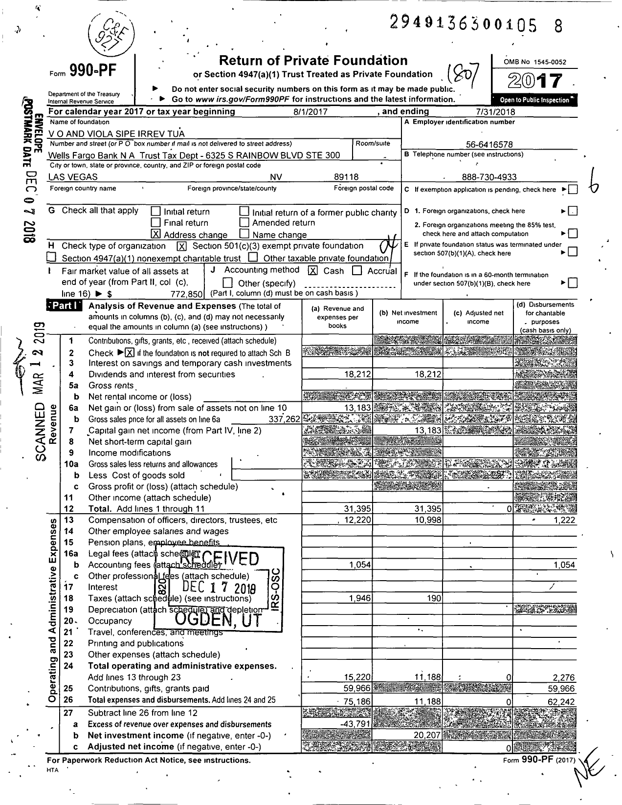 Image of first page of 2017 Form 990PF for V O and Viola Sipe Irrev Tua