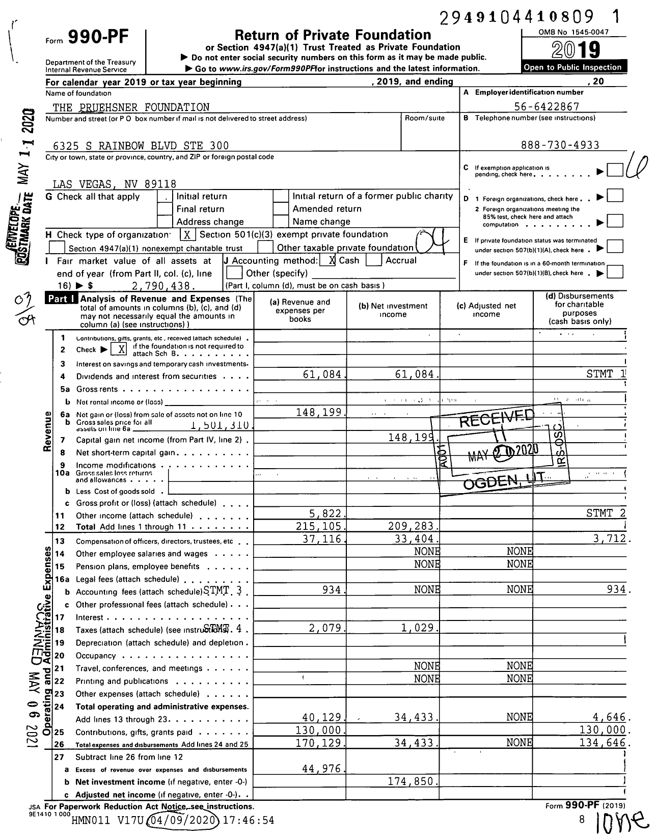 Image of first page of 2019 Form 990PF for The Pruehsner Foundation