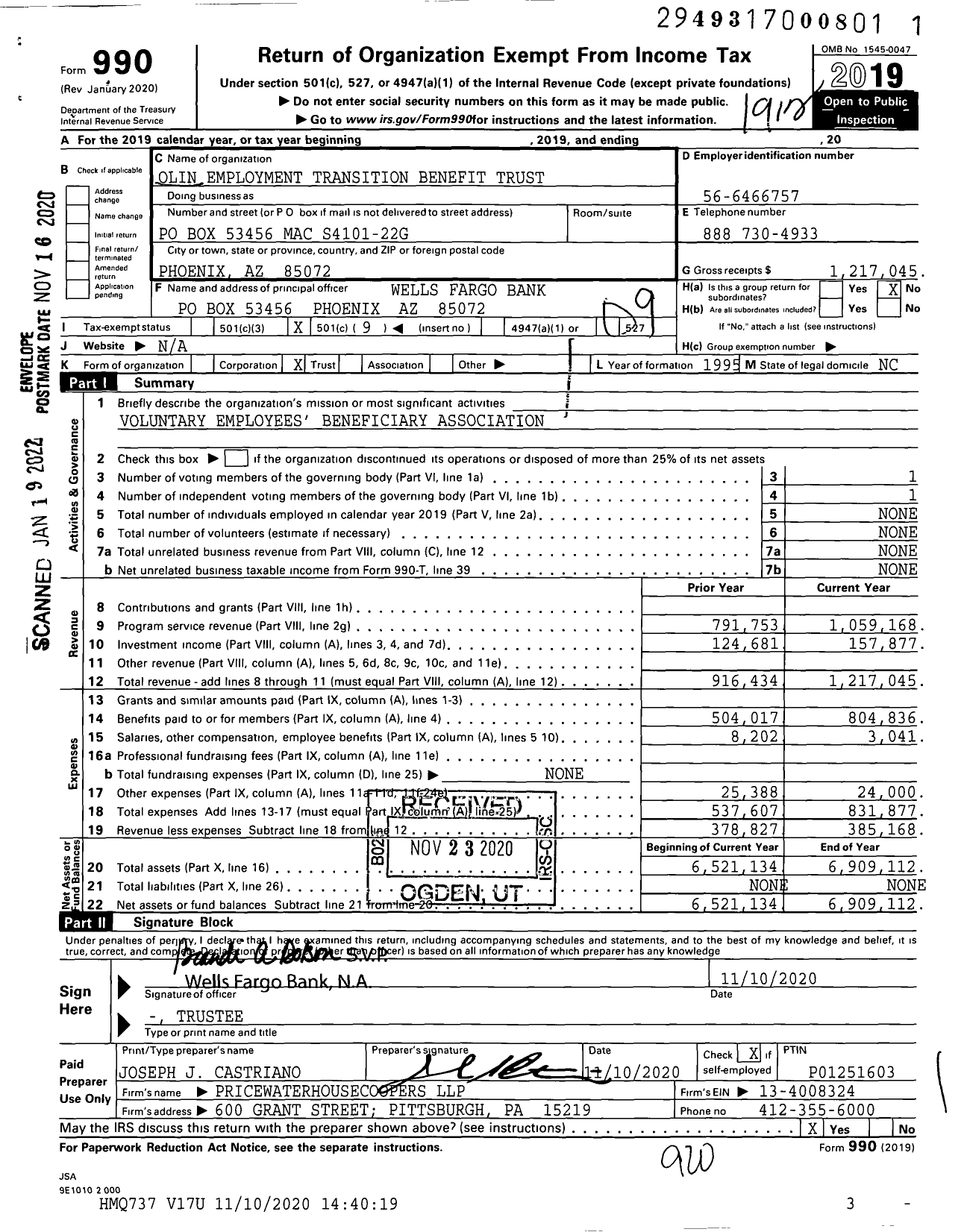 Image of first page of 2019 Form 990O for Olin Employment Transition Benefit Trust