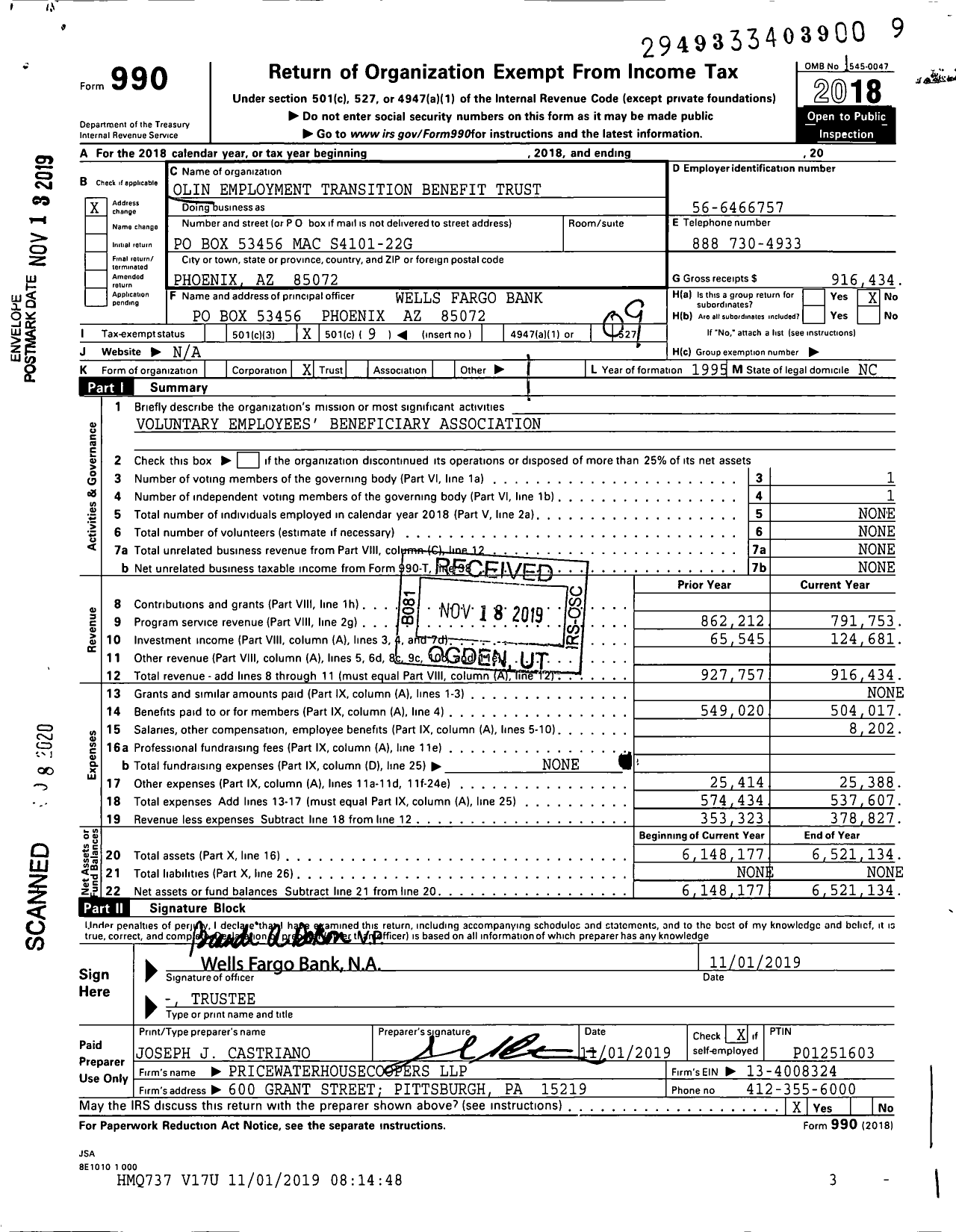 Image of first page of 2018 Form 990O for Olin Employment Transition Benefit Trust