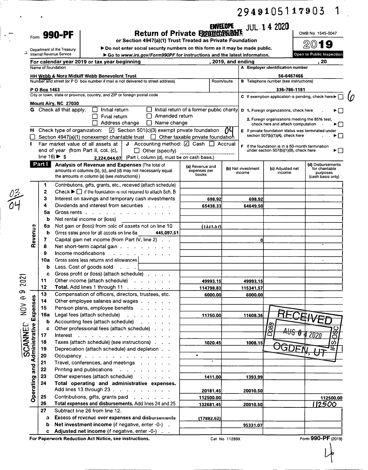 Image of first page of 2019 Form 990PF for HH Webb and Nora Midkiff Webb Benevolent Trust