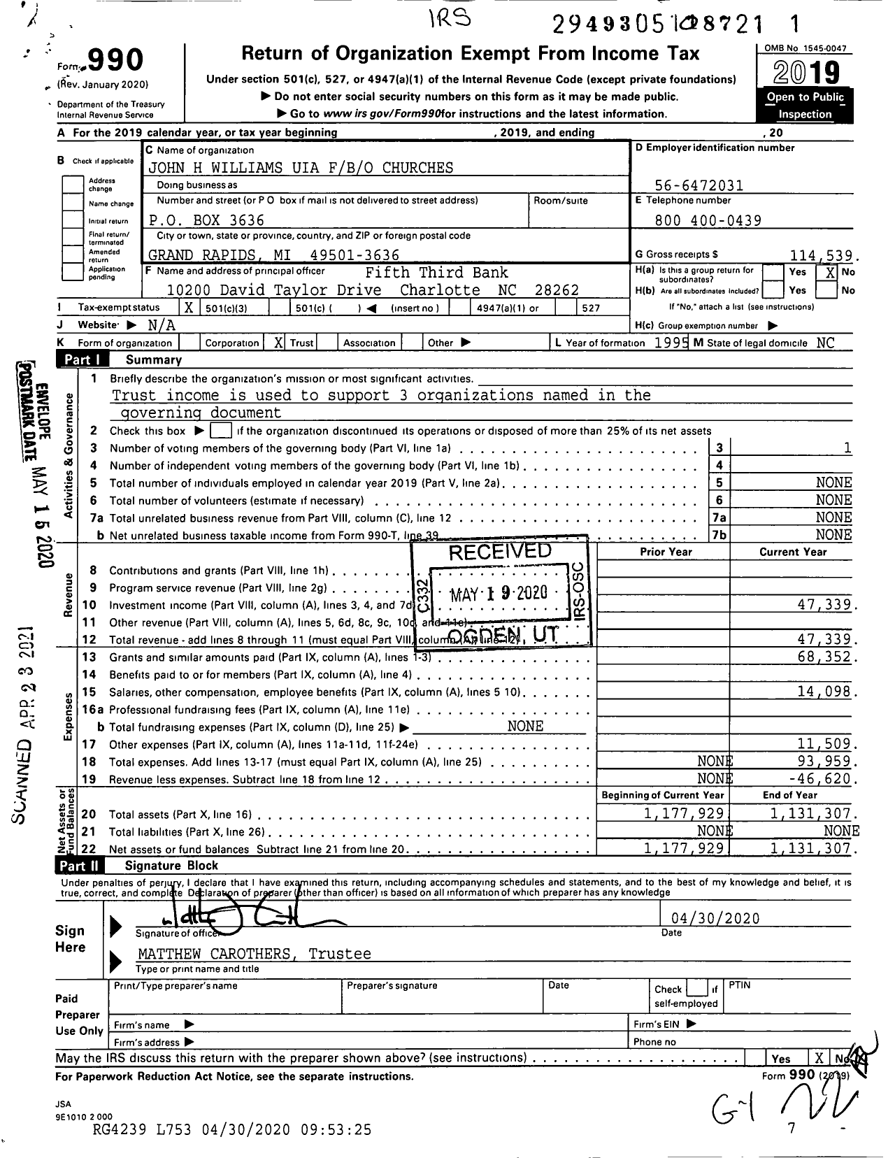 Image of first page of 2019 Form 990 for John H Williams Uia Fbo Churches