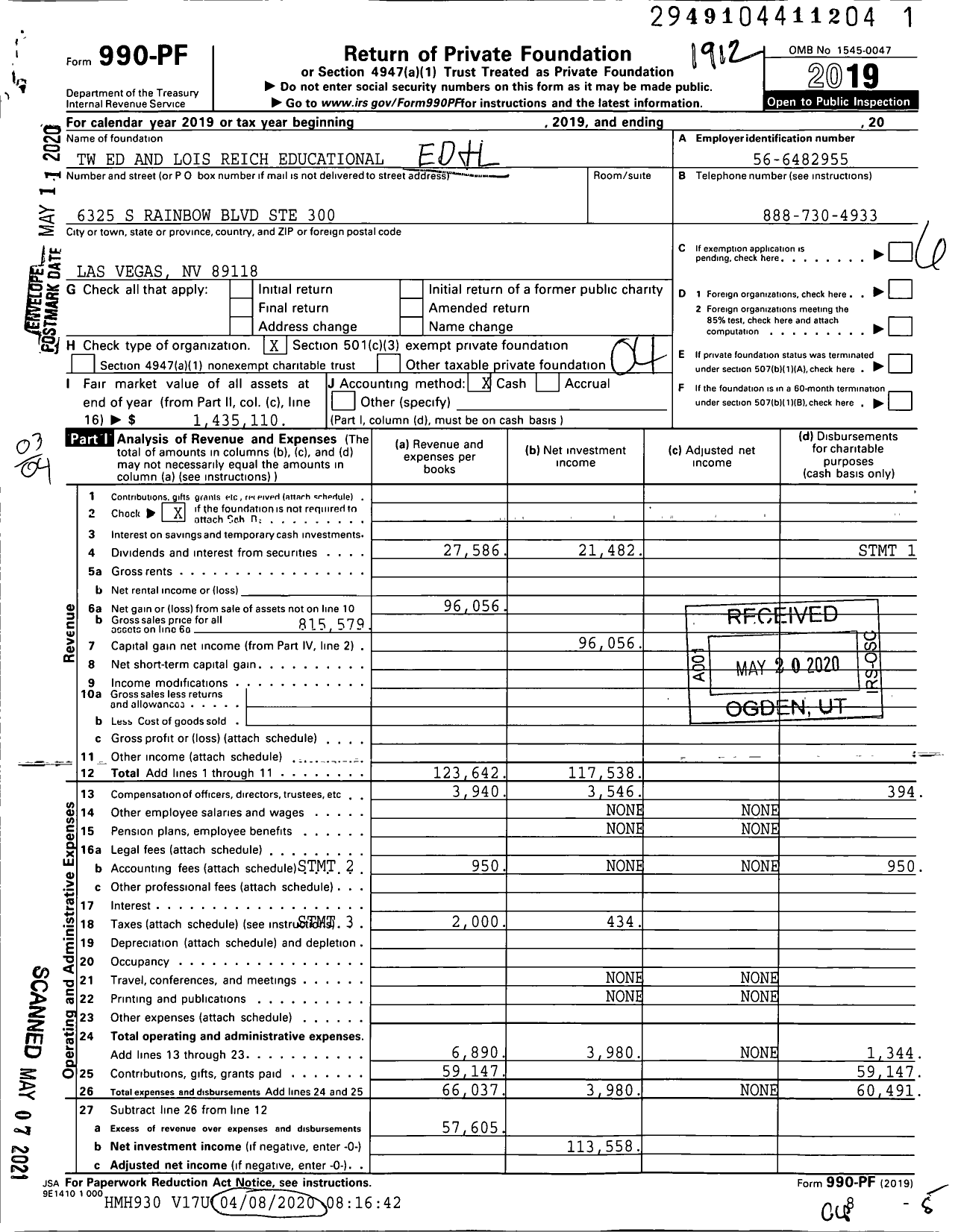 Image of first page of 2019 Form 990PF for TW Ed and Lois Reich Educational