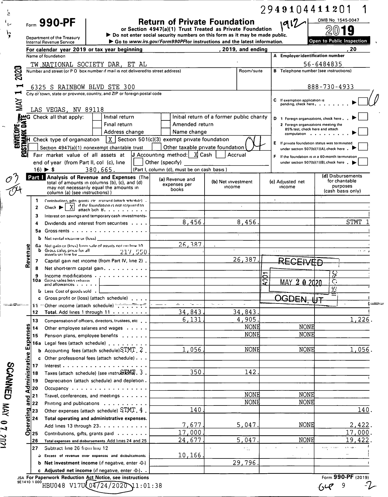 Image of first page of 2019 Form 990PF for TW National Society Dar Et Al