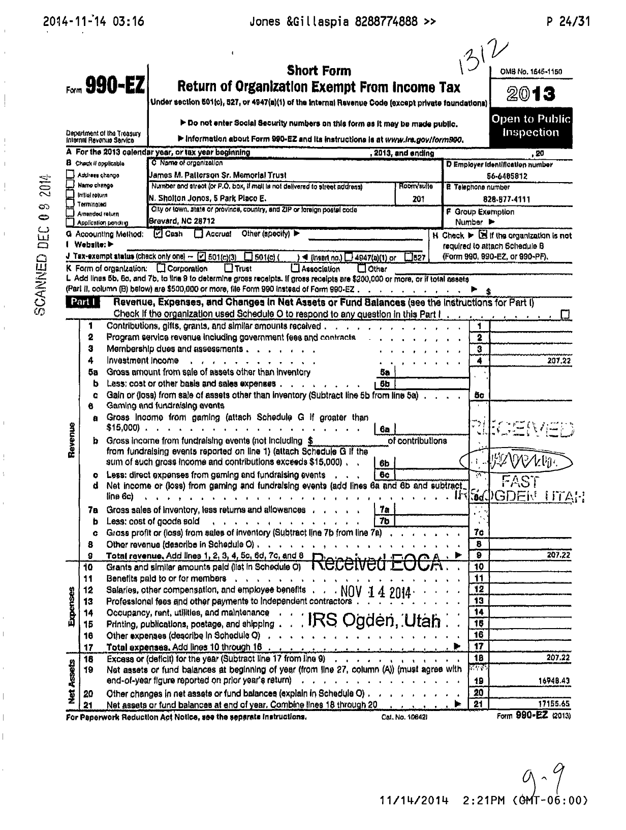 Image of first page of 2013 Form 990EZ for James M Patterson SR Memorial Trust