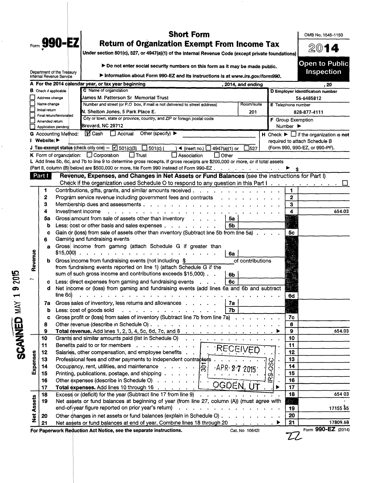 Image of first page of 2014 Form 990EZ for James M Patterson SR Memorial Trust