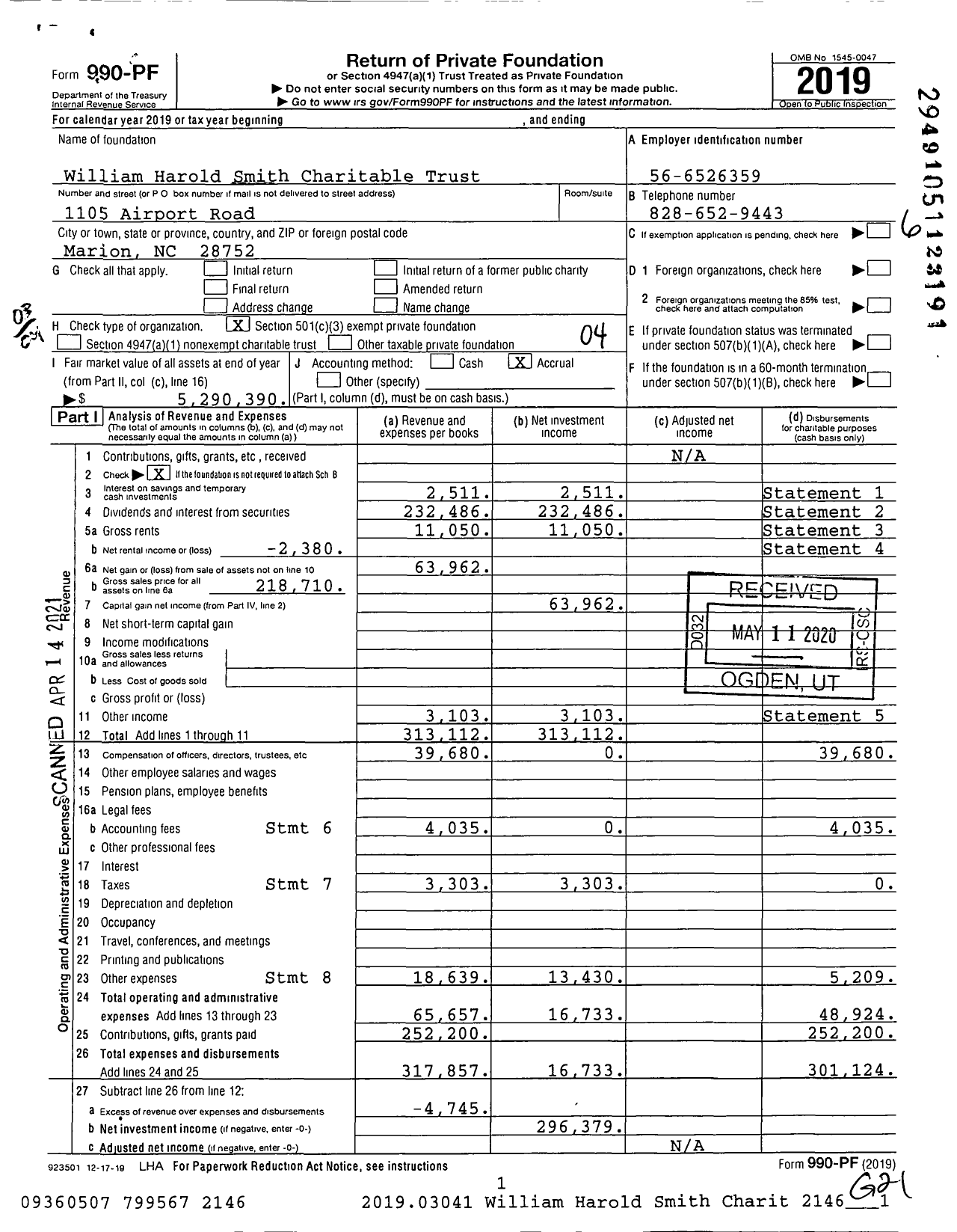 Image of first page of 2019 Form 990PF for William Harold Smith Charitable Trust