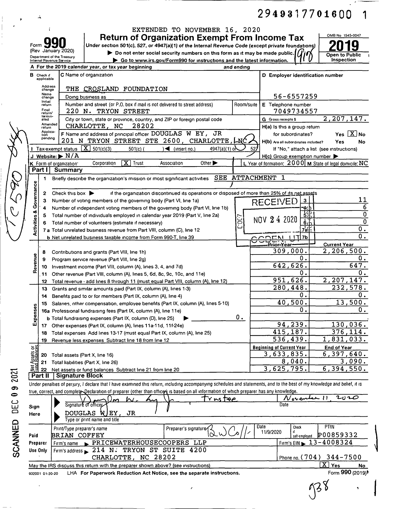 Image of first page of 2019 Form 990 for The Crosland Foundation