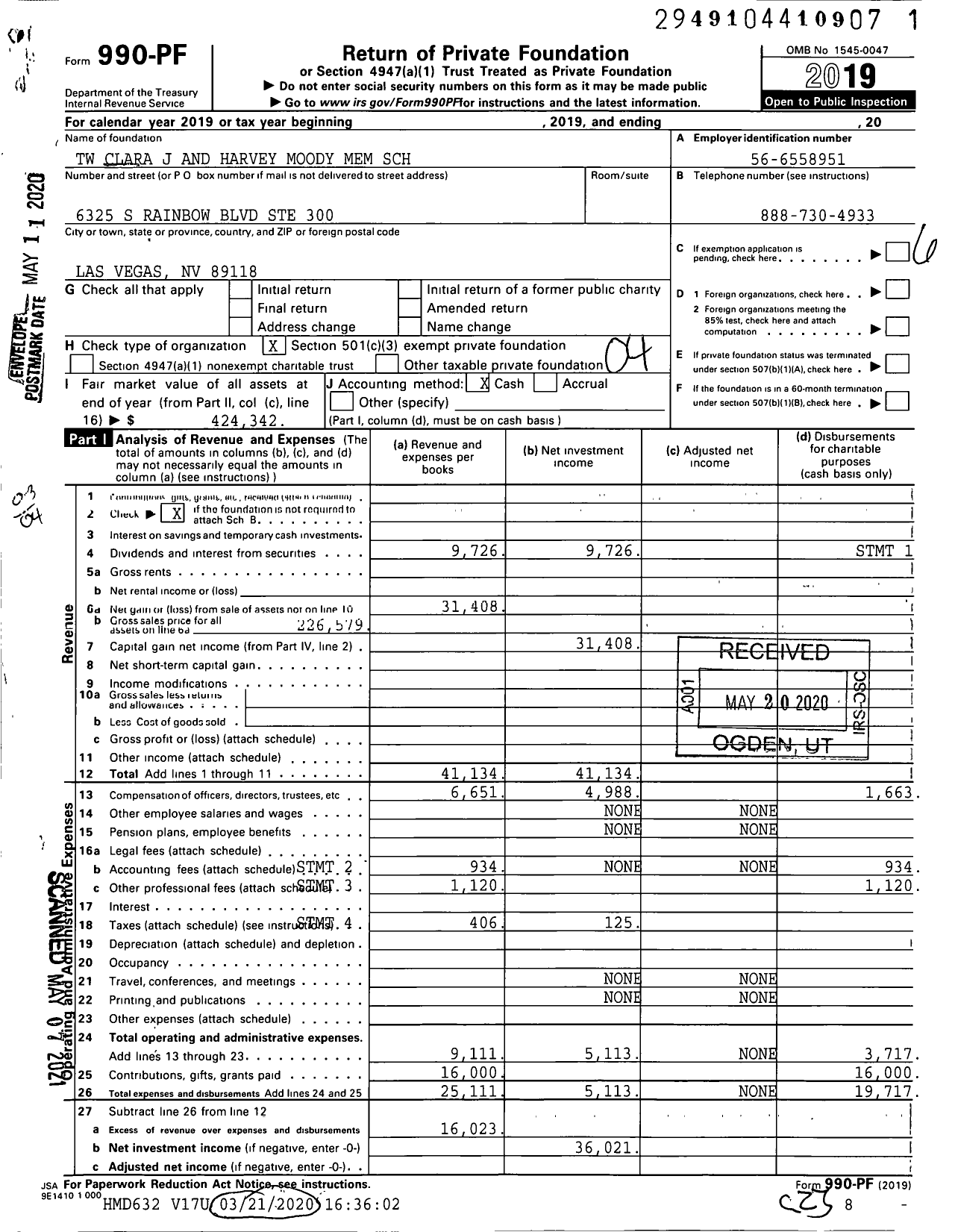 Image of first page of 2019 Form 990PF for TW Clara J and Harvey Moody Mem SCH